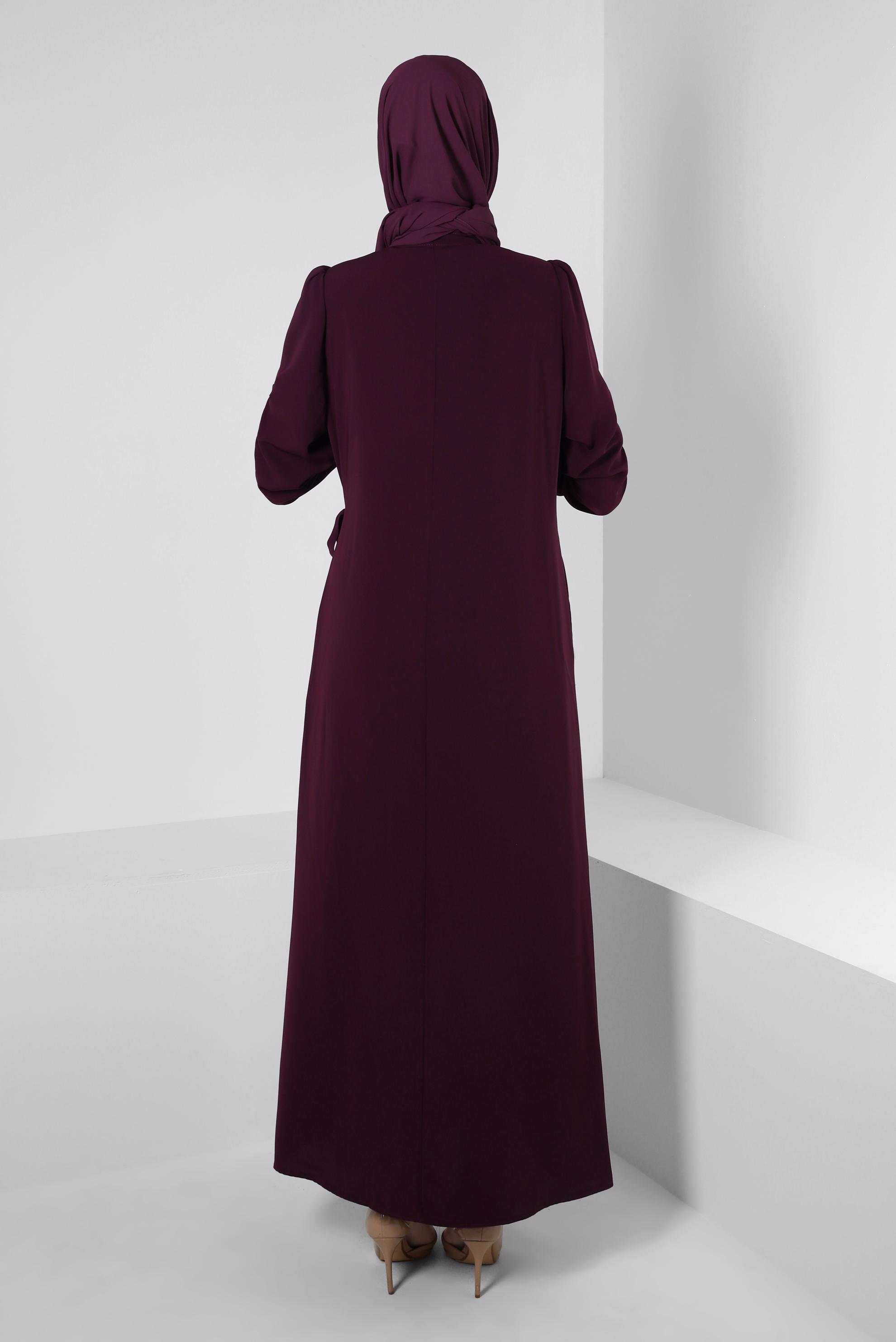 Tesettür giyim MOR KUŞGÖZÜ DETAYLI YANI BAĞLAMALI FERACE 80072