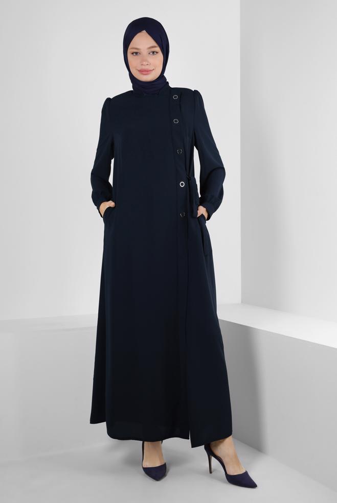 Vêtements hijab BLEU MARINE ABAYA DÉTAILLÉ À ŒILLETS 80072 - ALVİNA
