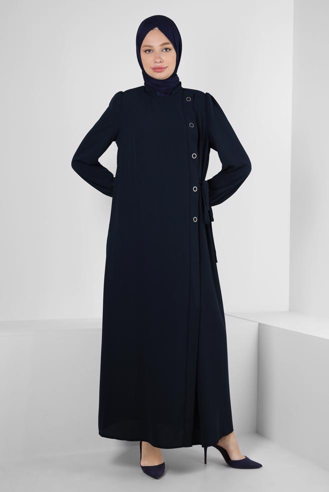 Vêtements hijab BLEU MARINE ABAYA DÉTAILLÉ À ŒILLETS 80072 - ALVİNA