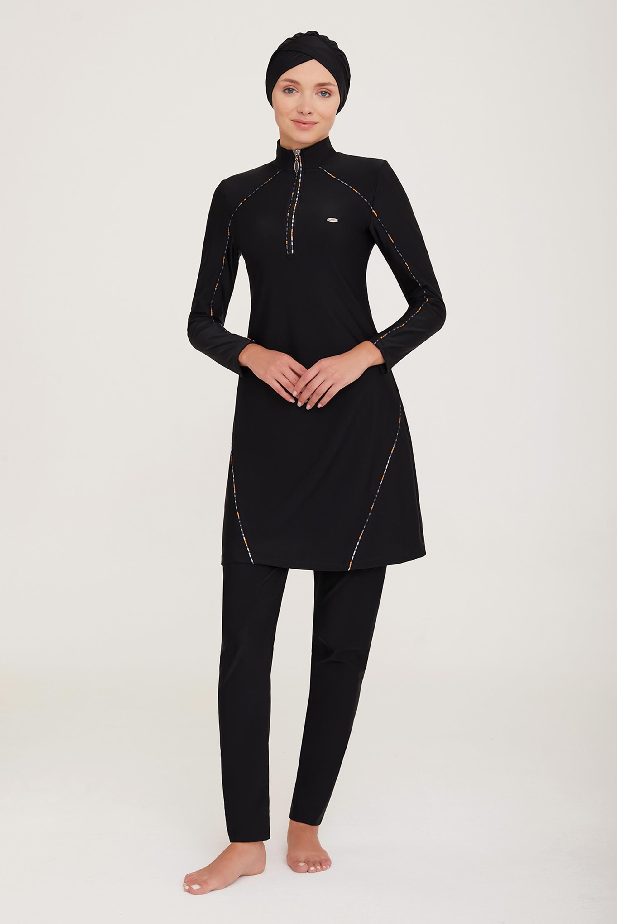 Vêtements hijab NOIR ENSEMBLE MAILLOT DE BAIN HIJAB DÉTAILS RAYURES 4322