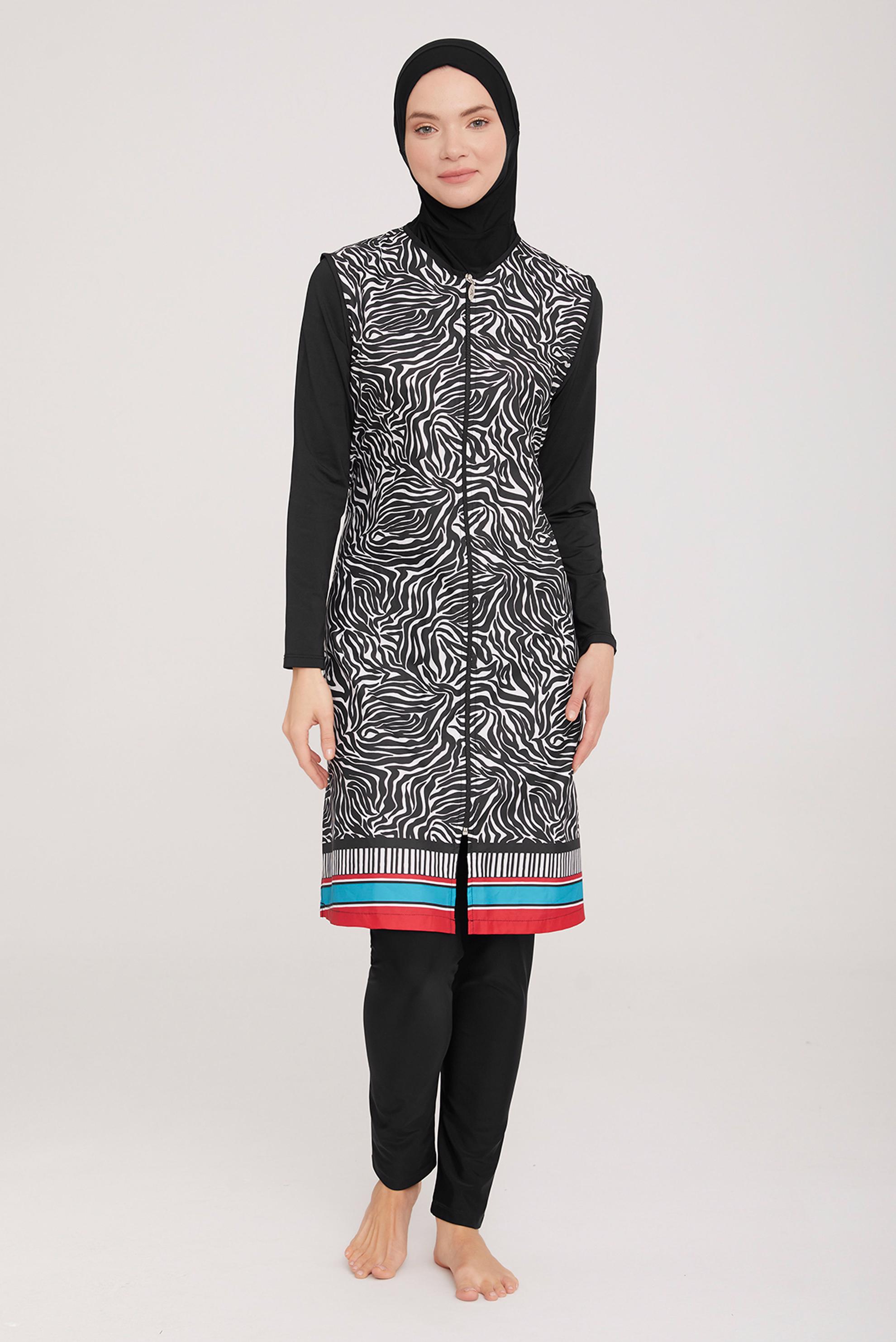 Vêtements hijab NOIR ENSEMBLE DE MAILLOT DE BAIN HIJAB ZÉBRÉ À MOTIF ZÉBRÉ 4402