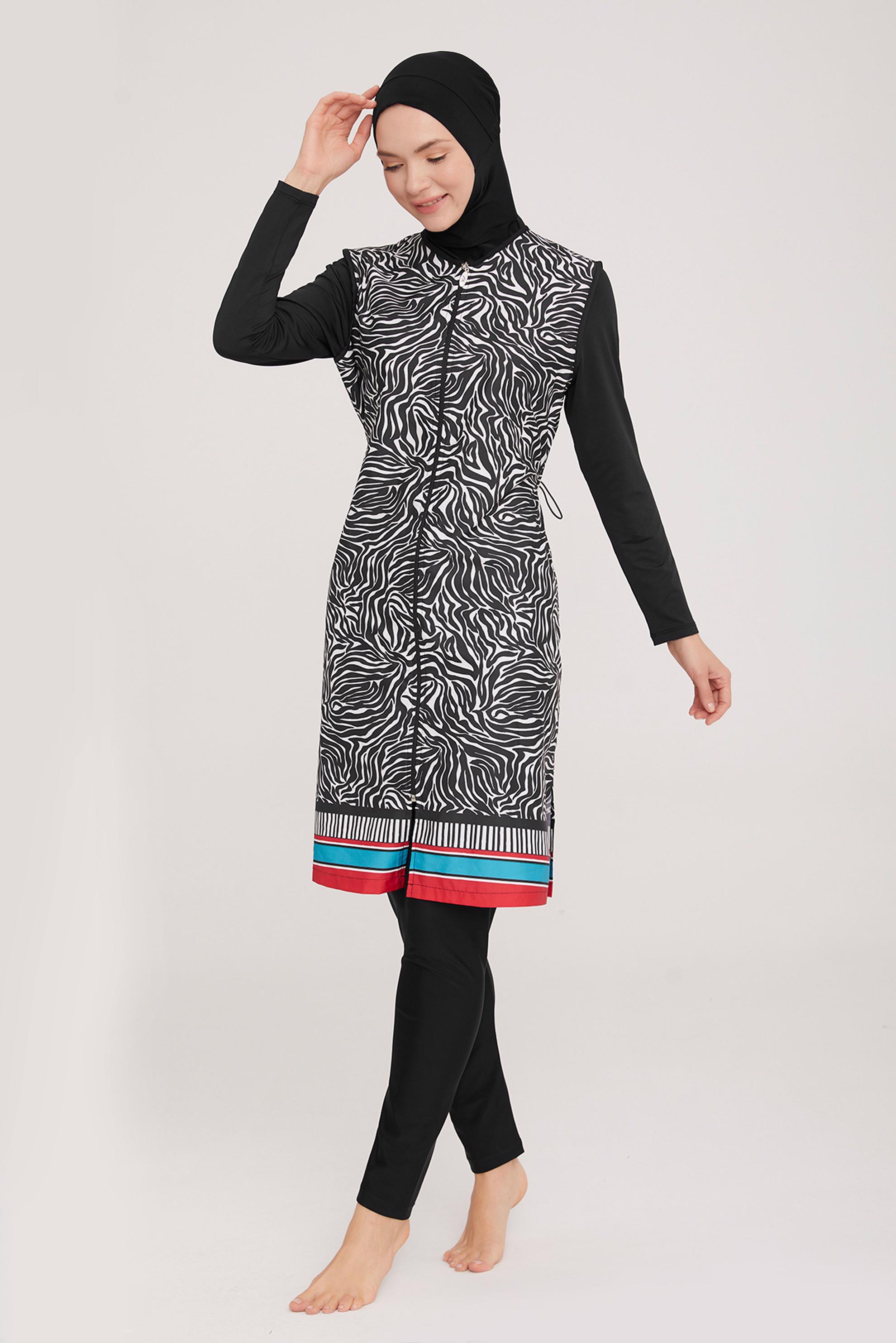 Vêtements hijab NOIR ENSEMBLE DE MAILLOT DE BAIN HIJAB ZÉBRÉ À MOTIF ZÉBRÉ 4402