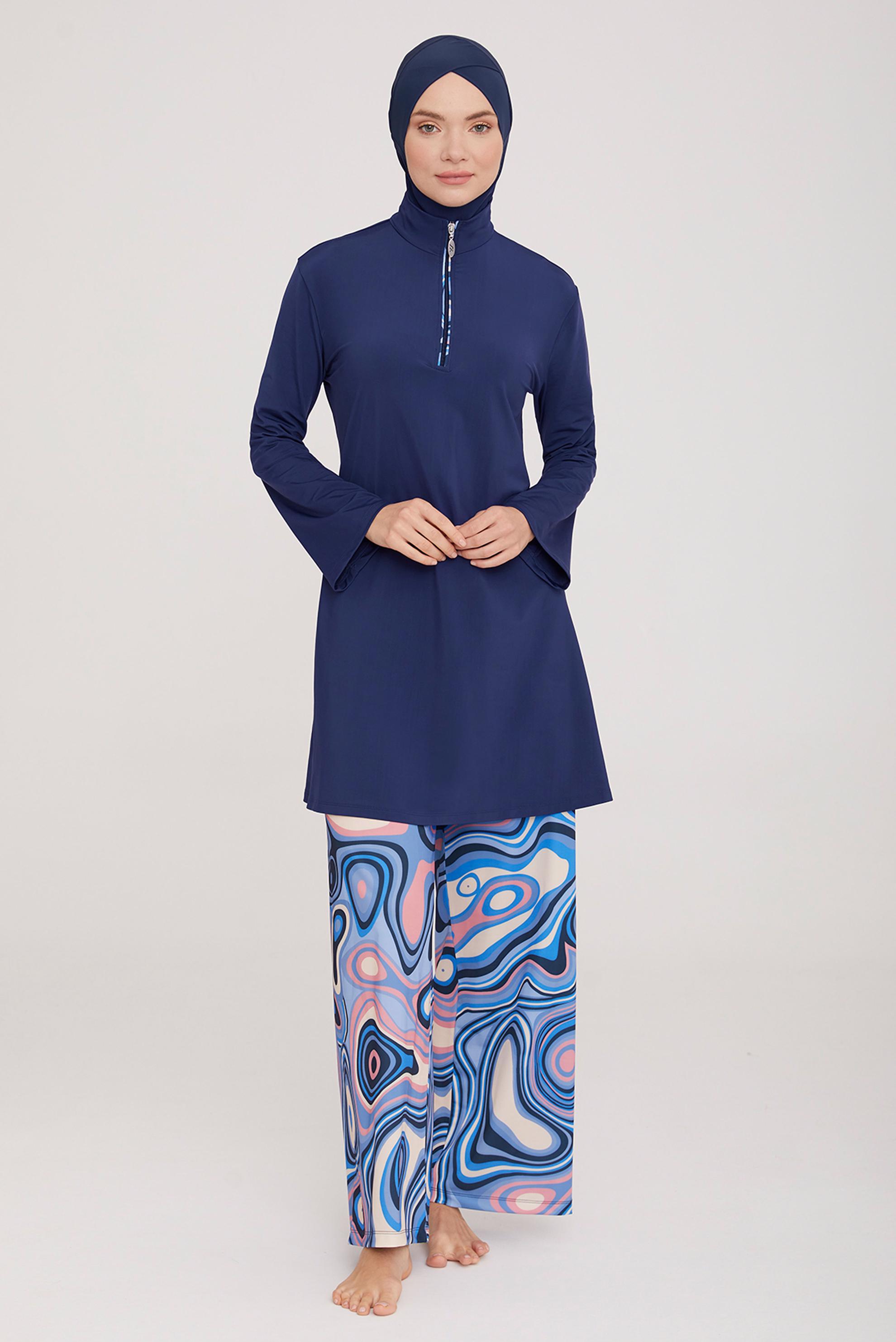 Vêtements hijab BLEU MARINE ENSEMBLE DE MAILLOT DE BAIN HIJAB À JAMBE LARGE À MOTIFS 4417