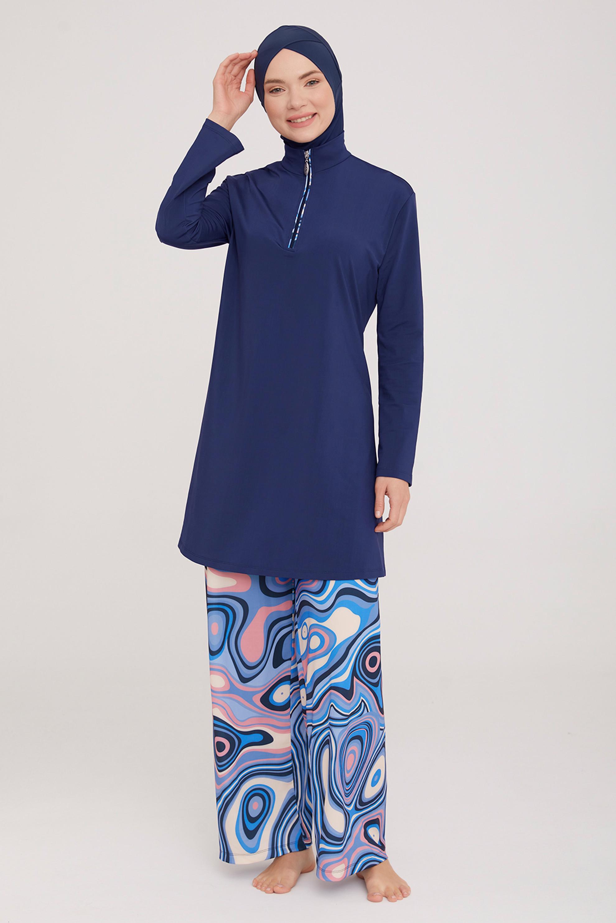 Vêtements hijab BLEU MARINE ENSEMBLE DE MAILLOT DE BAIN HIJAB À JAMBE LARGE À MOTIFS 4417