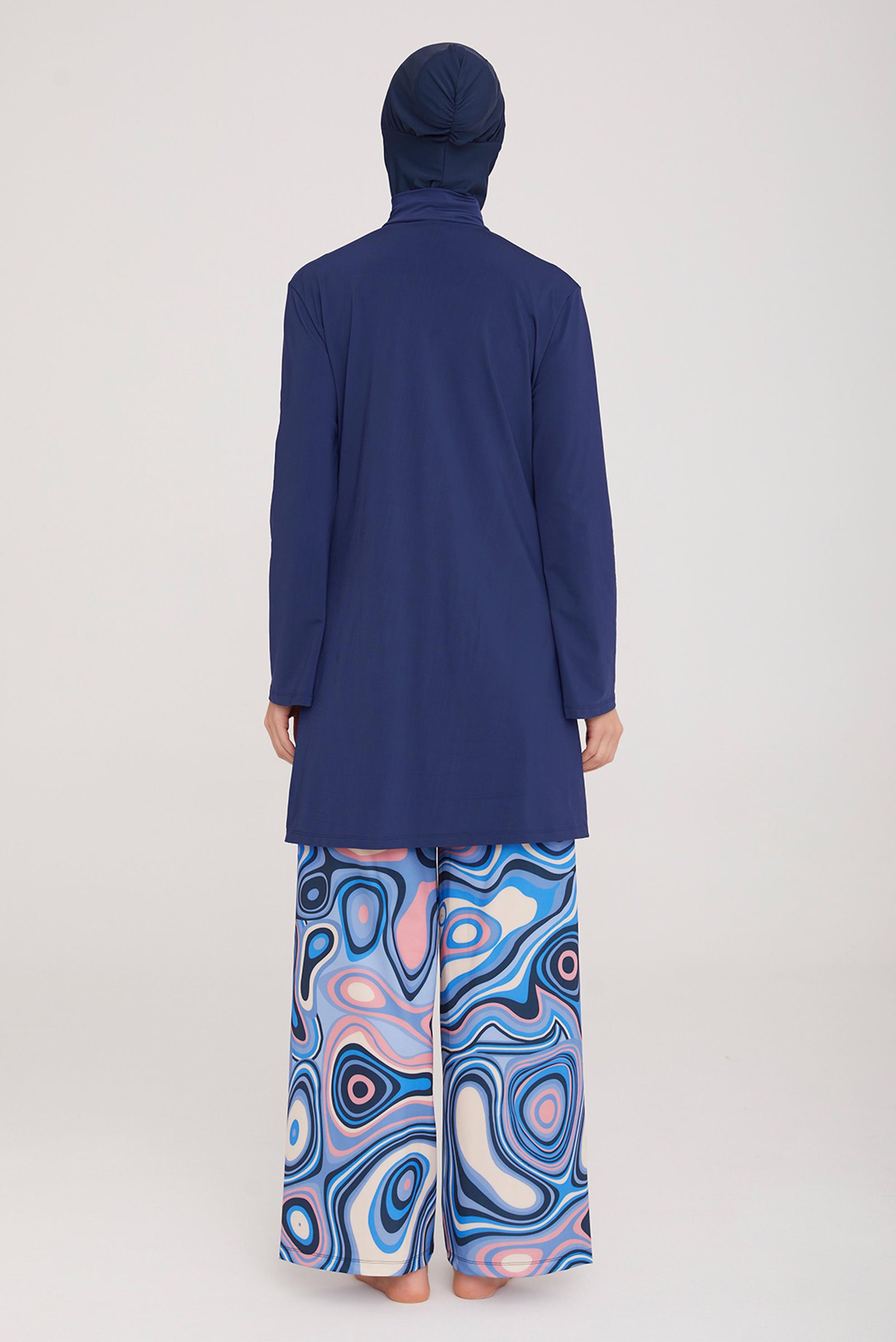 Vêtements hijab BLEU MARINE ENSEMBLE DE MAILLOT DE BAIN HIJAB À JAMBE LARGE À MOTIFS 4417