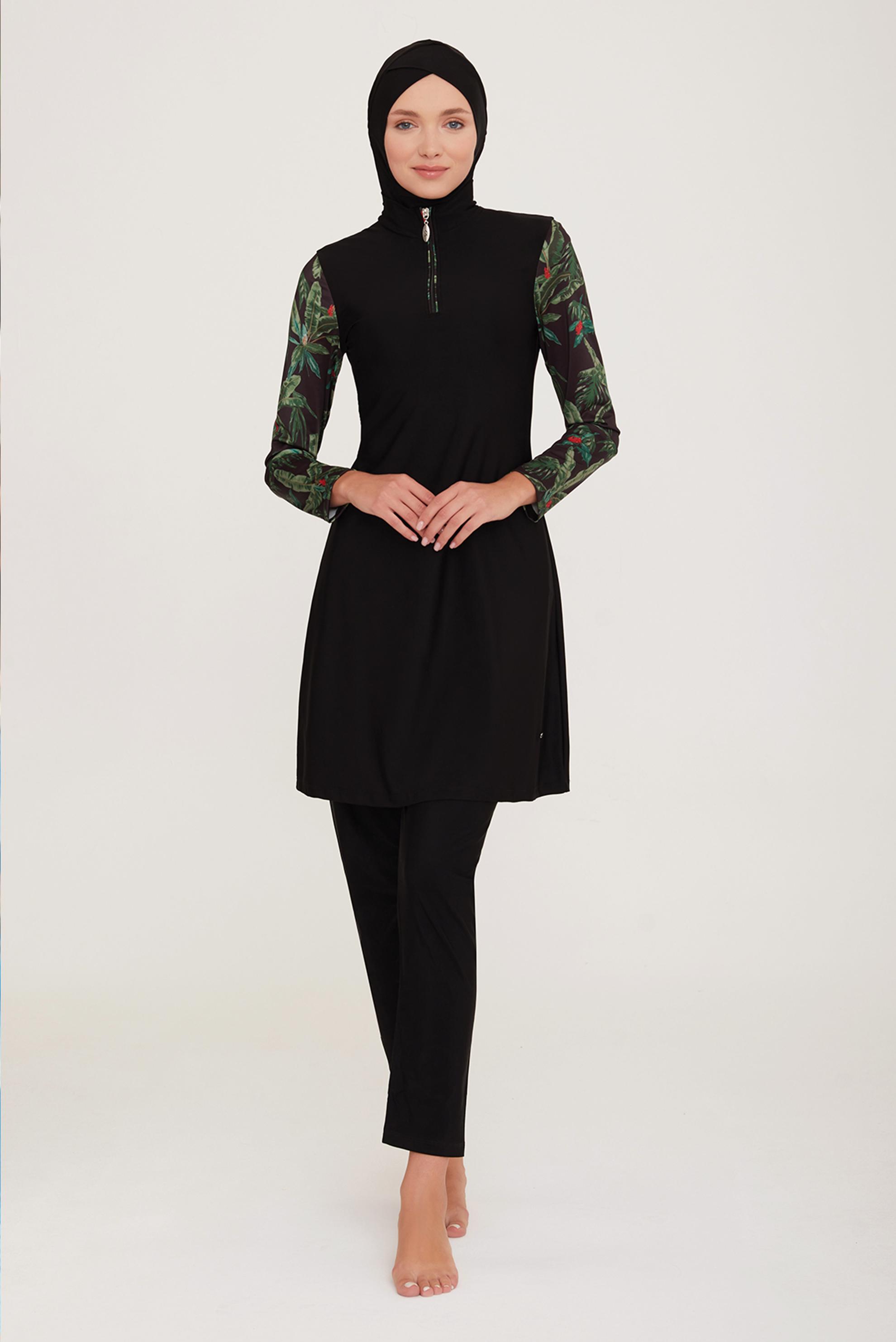 Vêtements hijab NOIR ENSEMBLE MAILLOT DE BAIN HIJAB MOTIF FEUILLES 4425