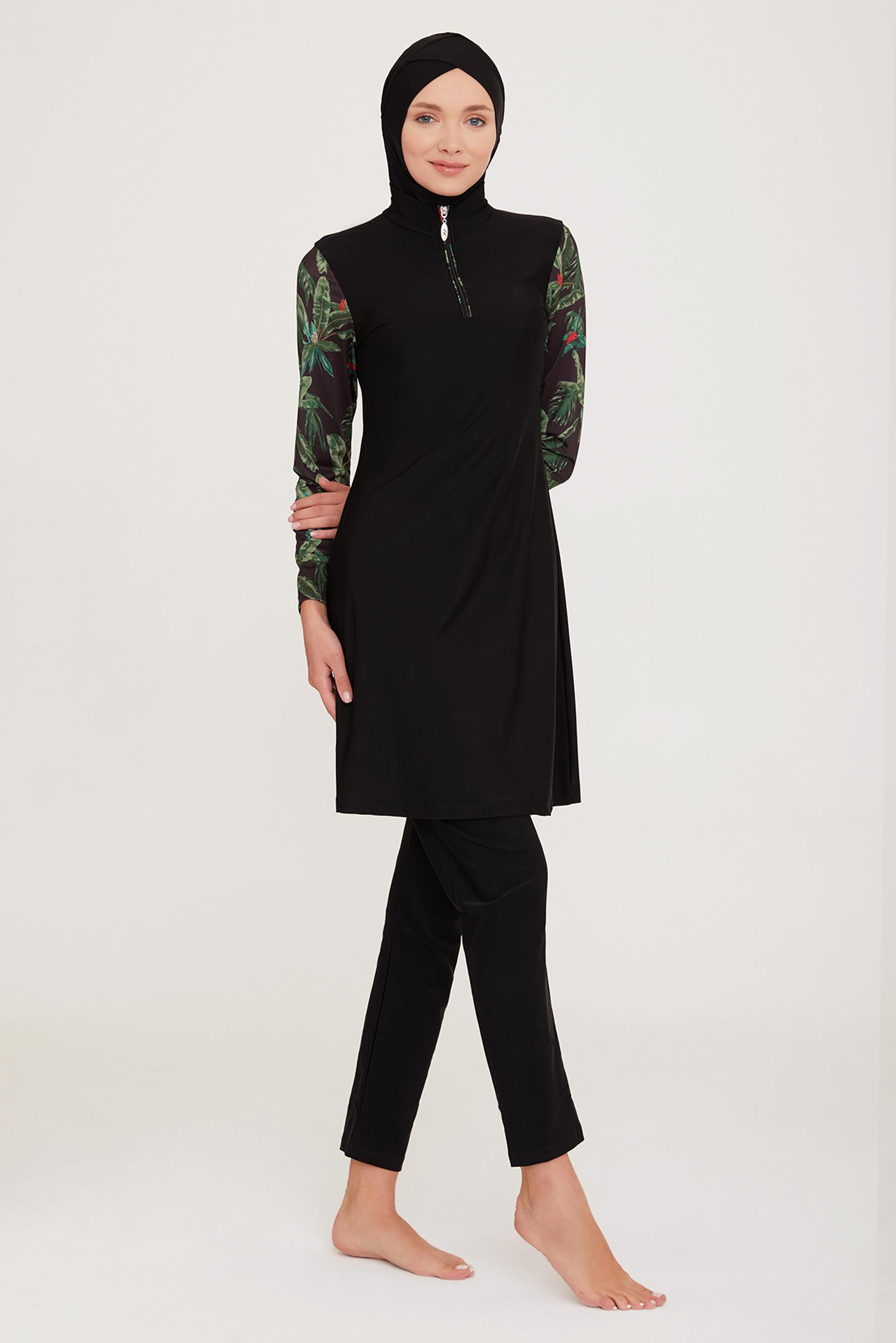 Vêtements hijab NOIR ENSEMBLE MAILLOT DE BAIN HIJAB MOTIF FEUILLES 4425