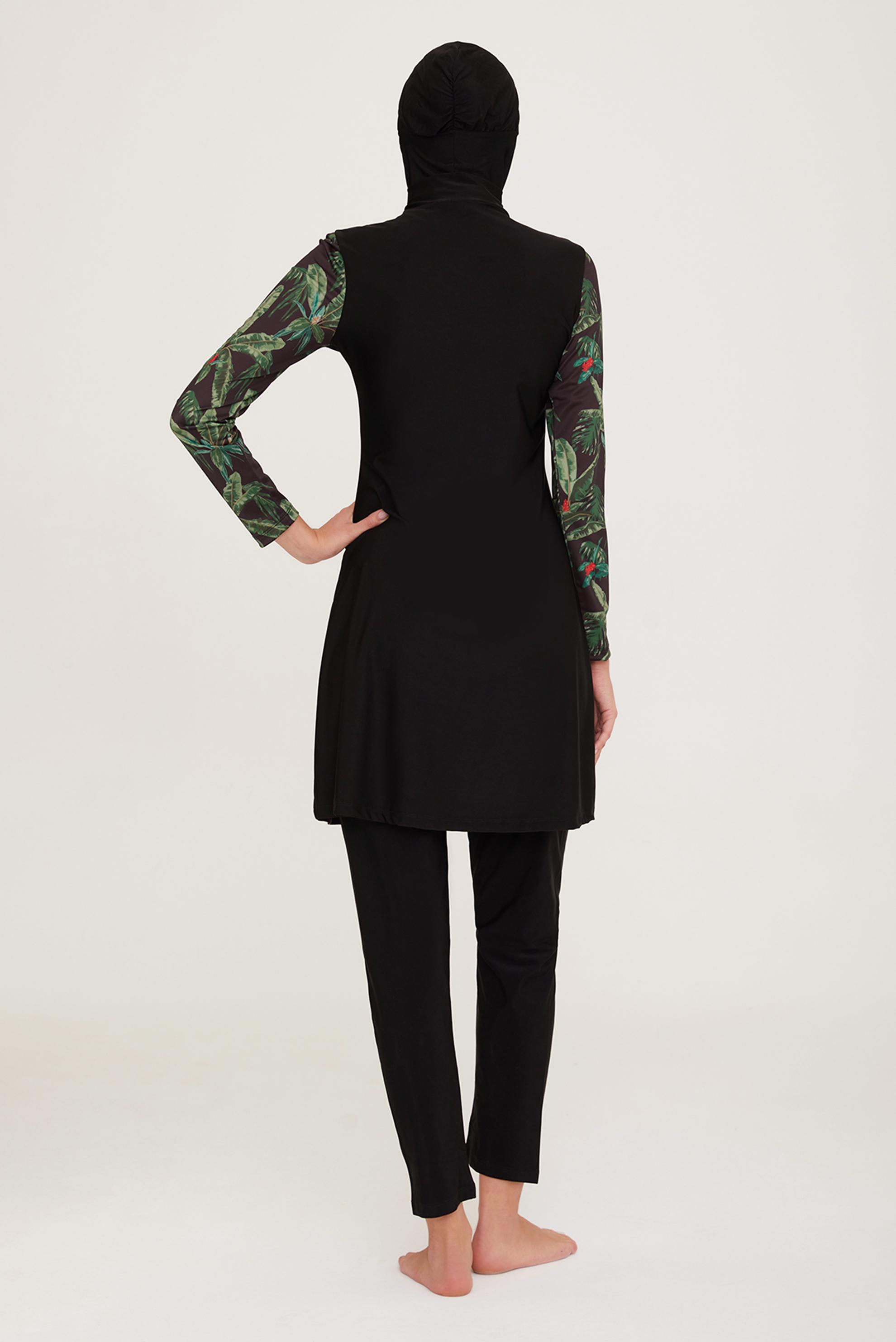 Vêtements hijab NOIR ENSEMBLE MAILLOT DE BAIN HIJAB MOTIF FEUILLES 4425