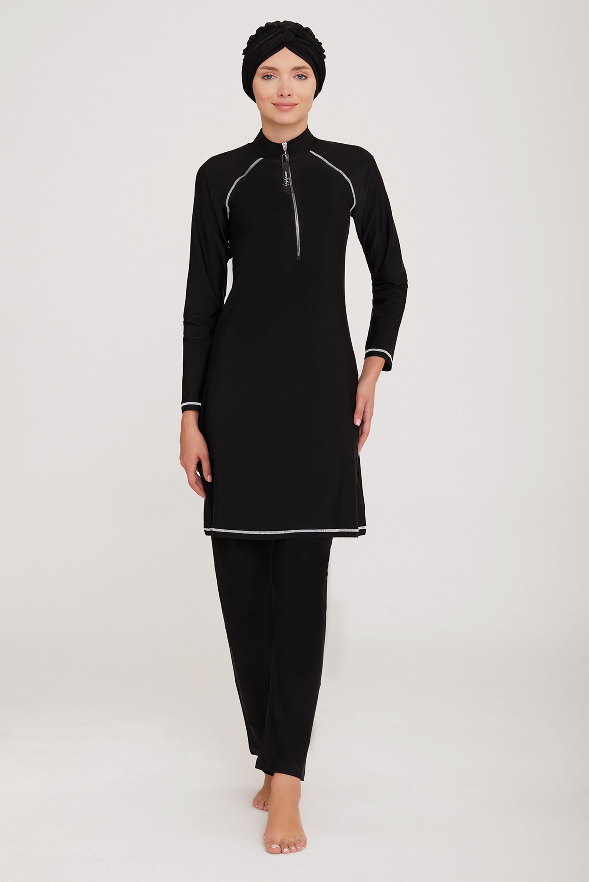 Vêtements hijab NOIR ENSEMBLE DE MAILLOT DE BAIN HIJAB RAYÉ DEMI-ZIP 4437