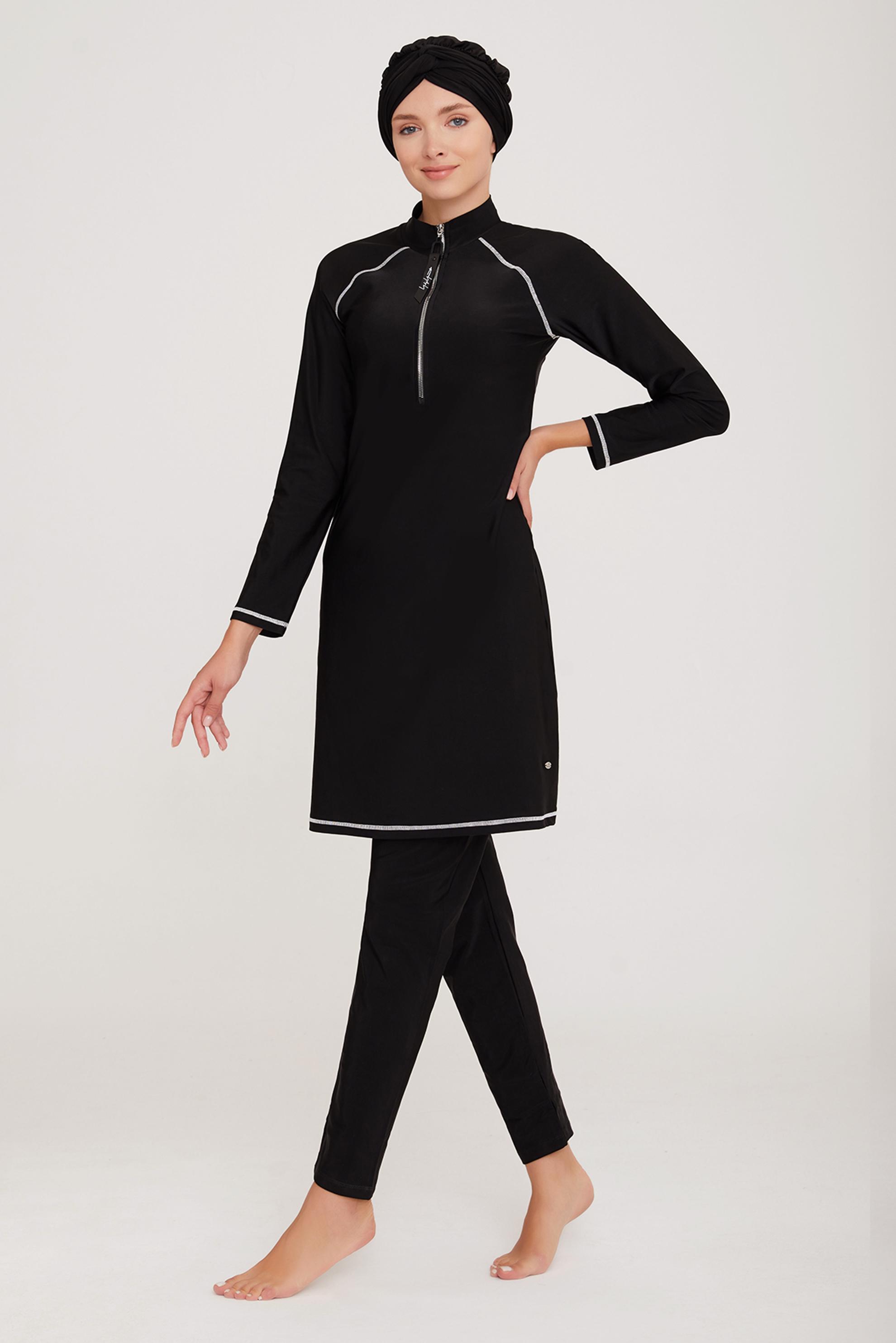 Vêtements hijab NOIR ENSEMBLE DE MAILLOT DE BAIN HIJAB RAYÉ DEMI-ZIP 4437