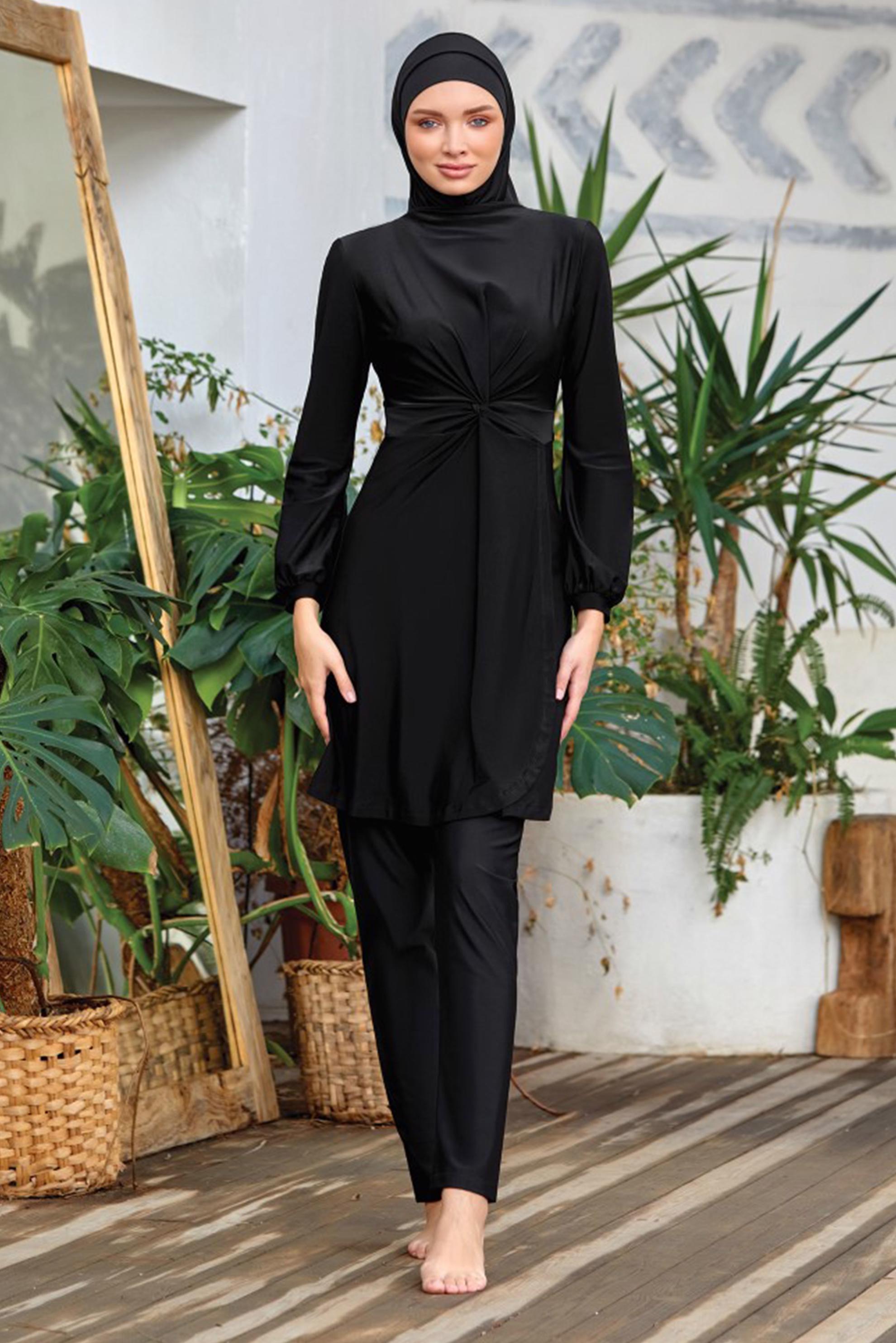 Vêtements hijab NOIR ENSEMBLE DE MAILLOT DE BAIN HIJAB AVEC DÉTAIL SMOCK 4464