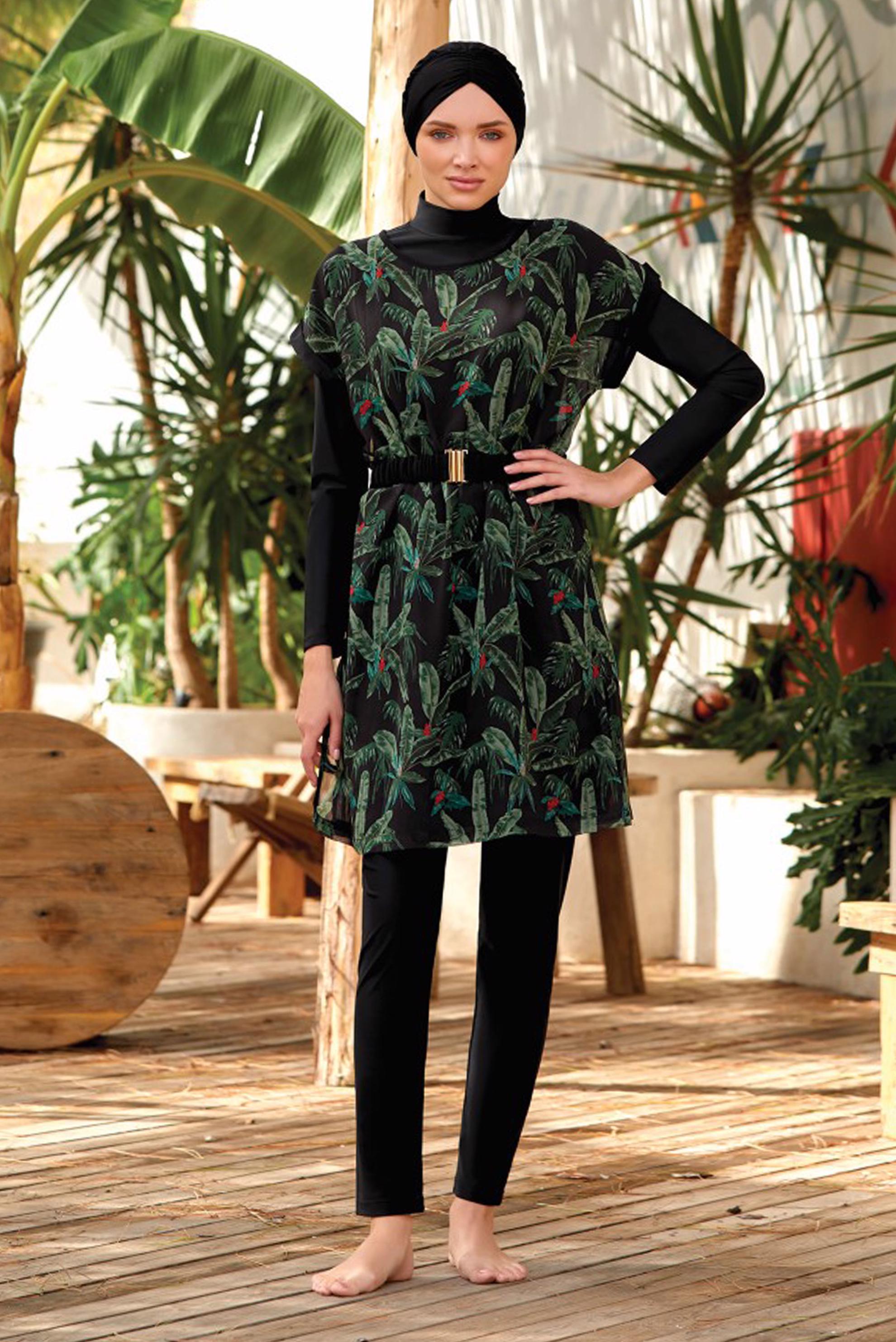 Vêtements hijab NOIR ENSEMBLE MAILLOT DE BAIN HIJAB CEINTURE MOTIF TROPICAL 4470