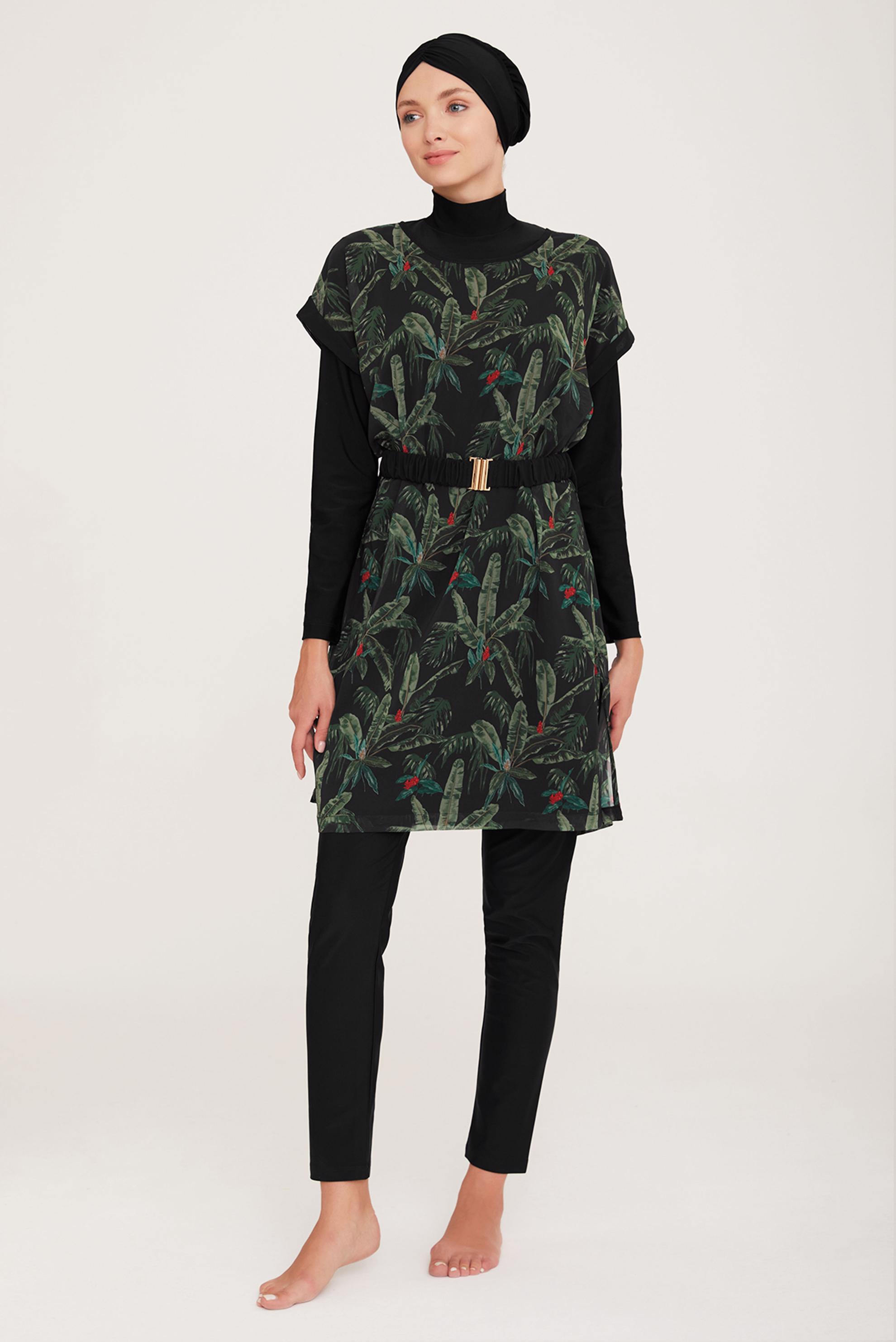 Vêtements hijab NOIR ENSEMBLE MAILLOT DE BAIN HIJAB CEINTURE MOTIF TROPICAL 4470