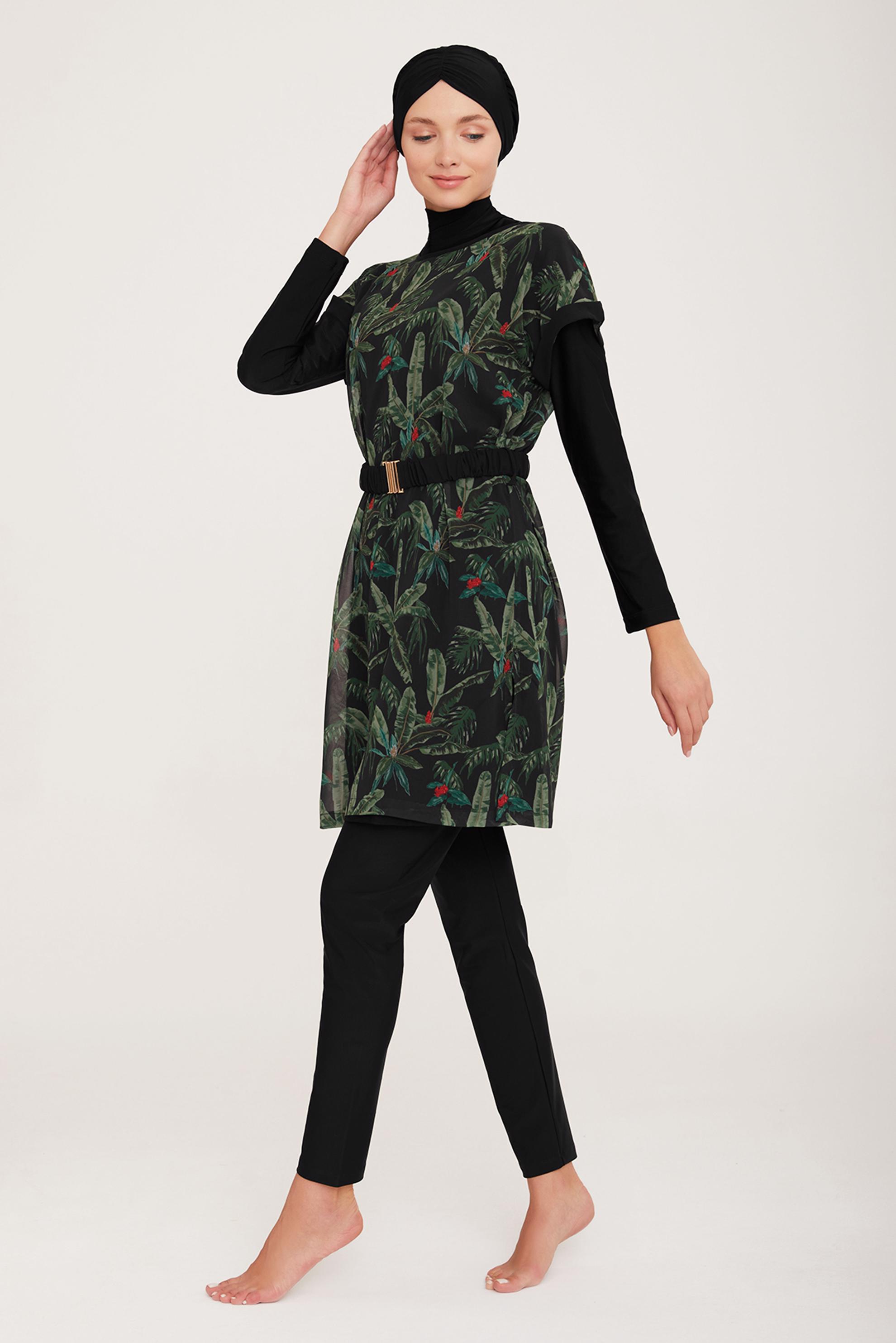 Vêtements hijab NOIR ENSEMBLE MAILLOT DE BAIN HIJAB CEINTURE MOTIF TROPICAL 4470