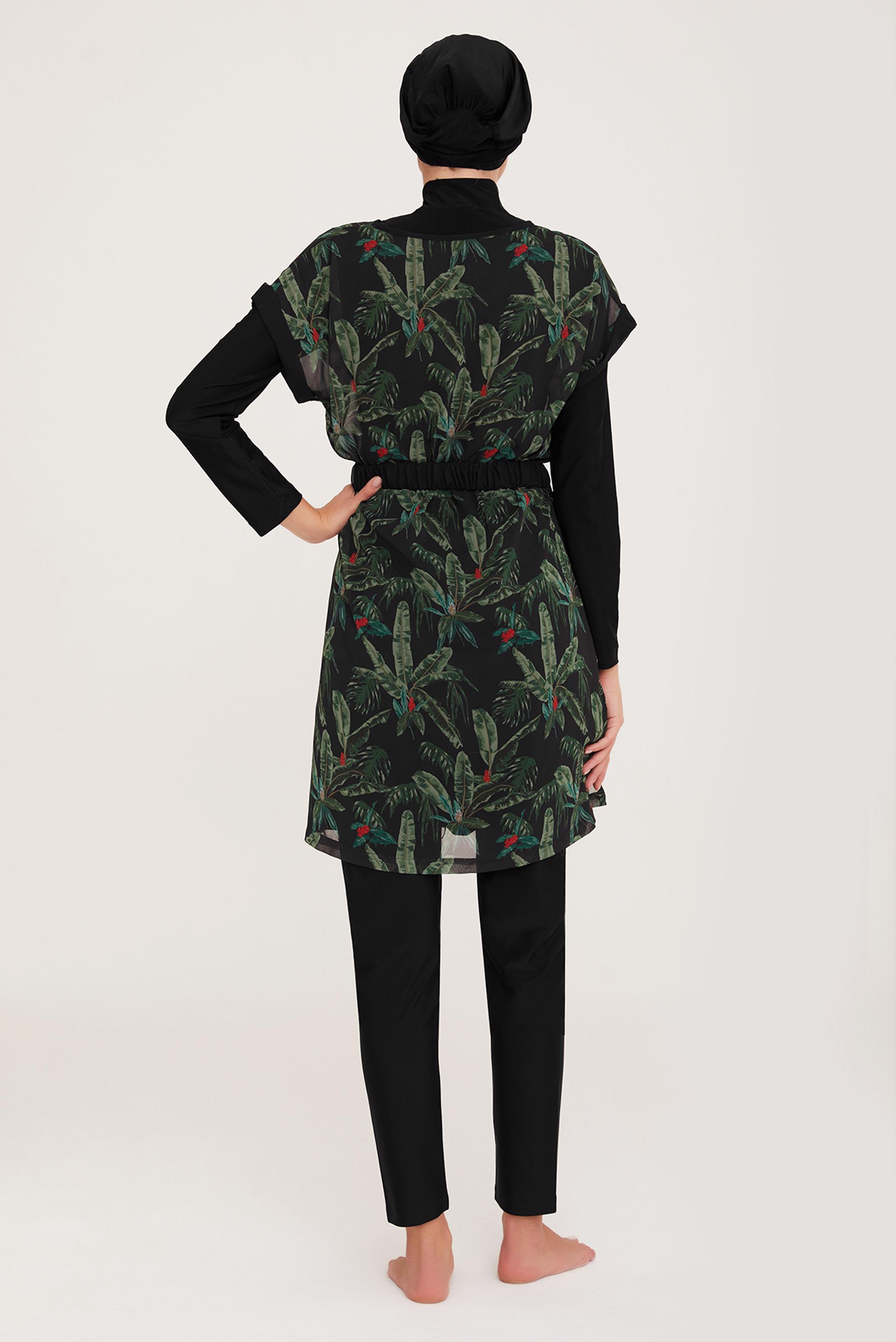 Vêtements hijab NOIR ENSEMBLE MAILLOT DE BAIN HIJAB CEINTURE MOTIF TROPICAL 4470