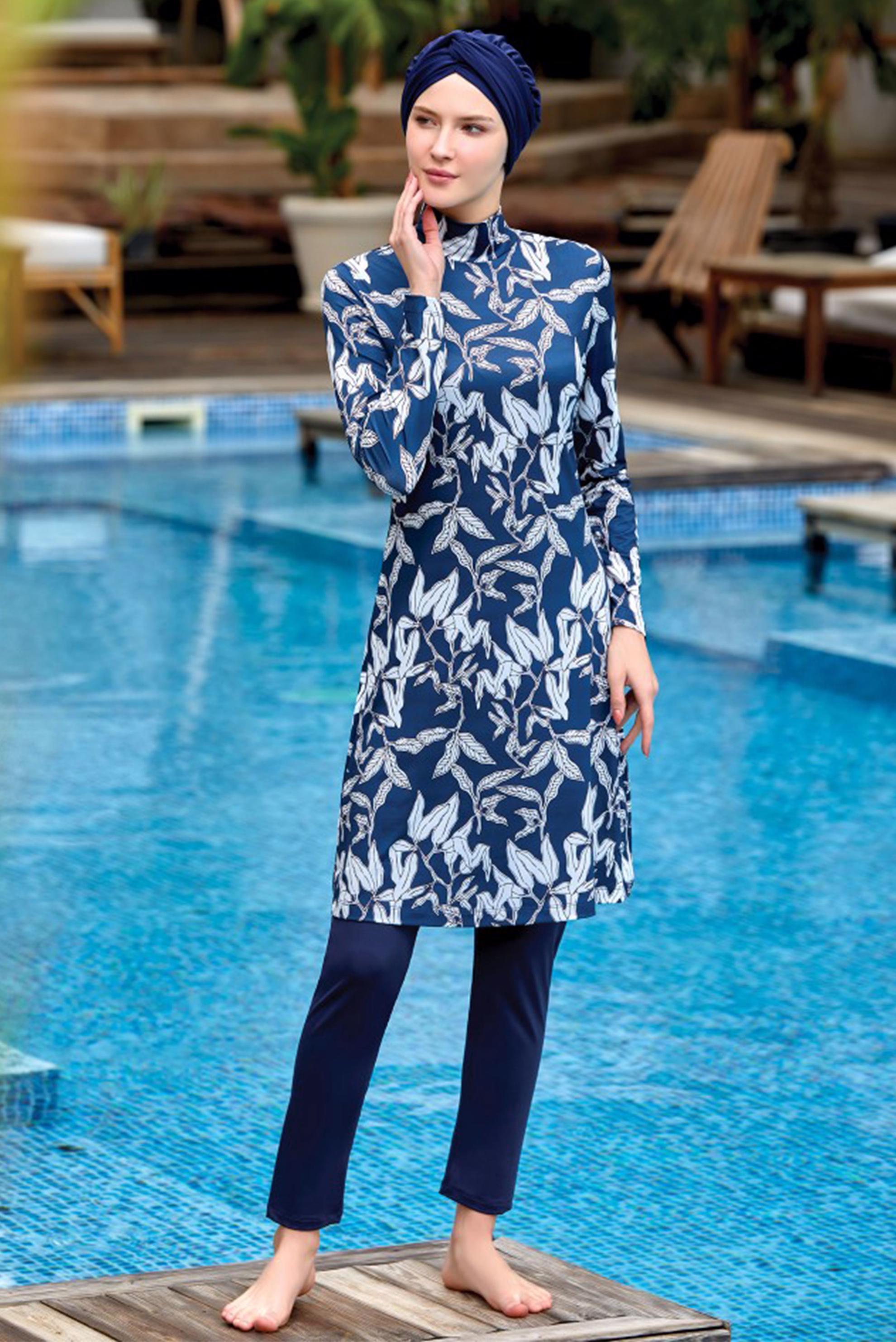 Tesettür giyim LACİVERT YAPRAK DESENLİ LİKRALI TESETTÜR MAYO 8002