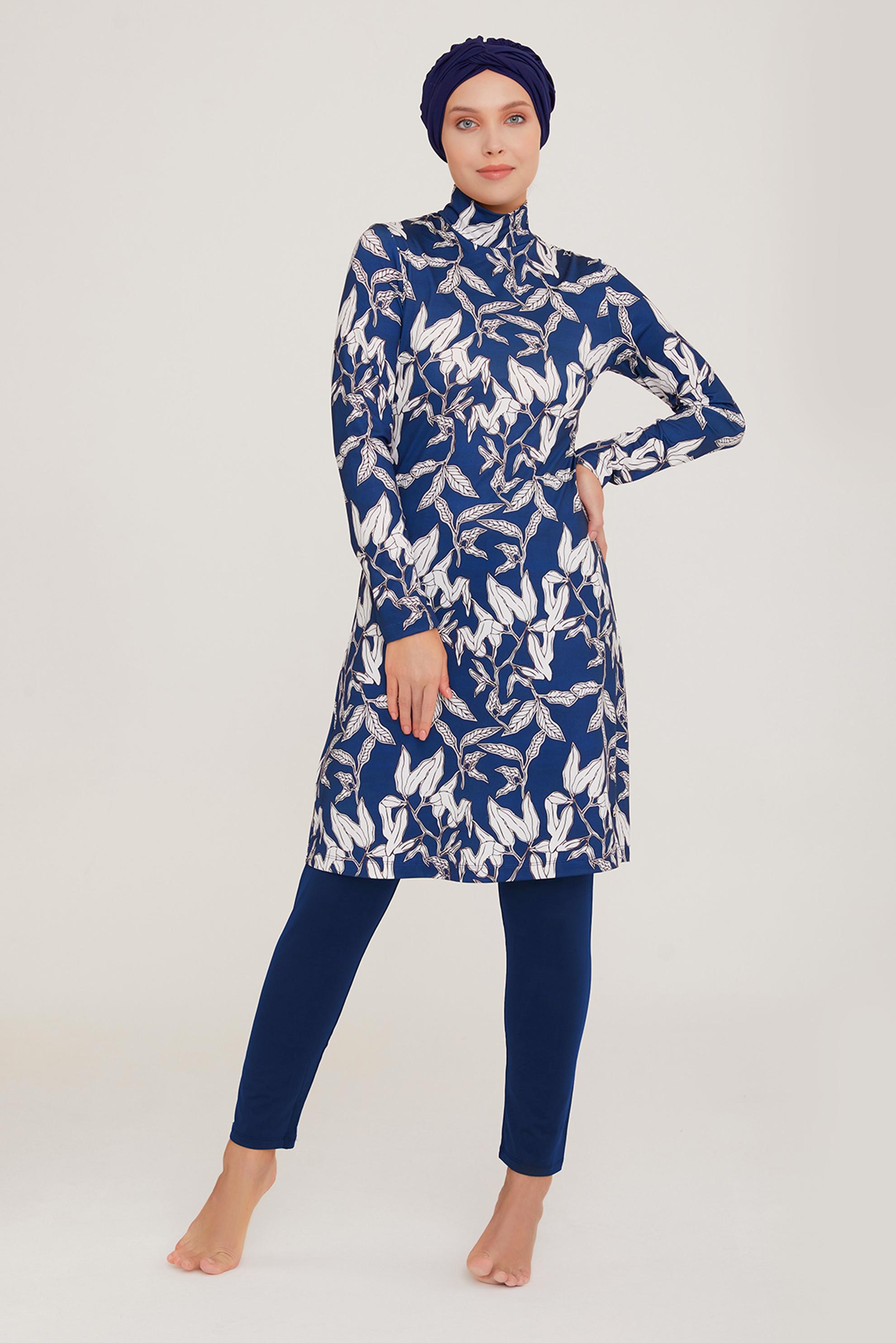 Tesettür giyim LACİVERT YAPRAK DESENLİ LİKRALI TESETTÜR MAYO 8002