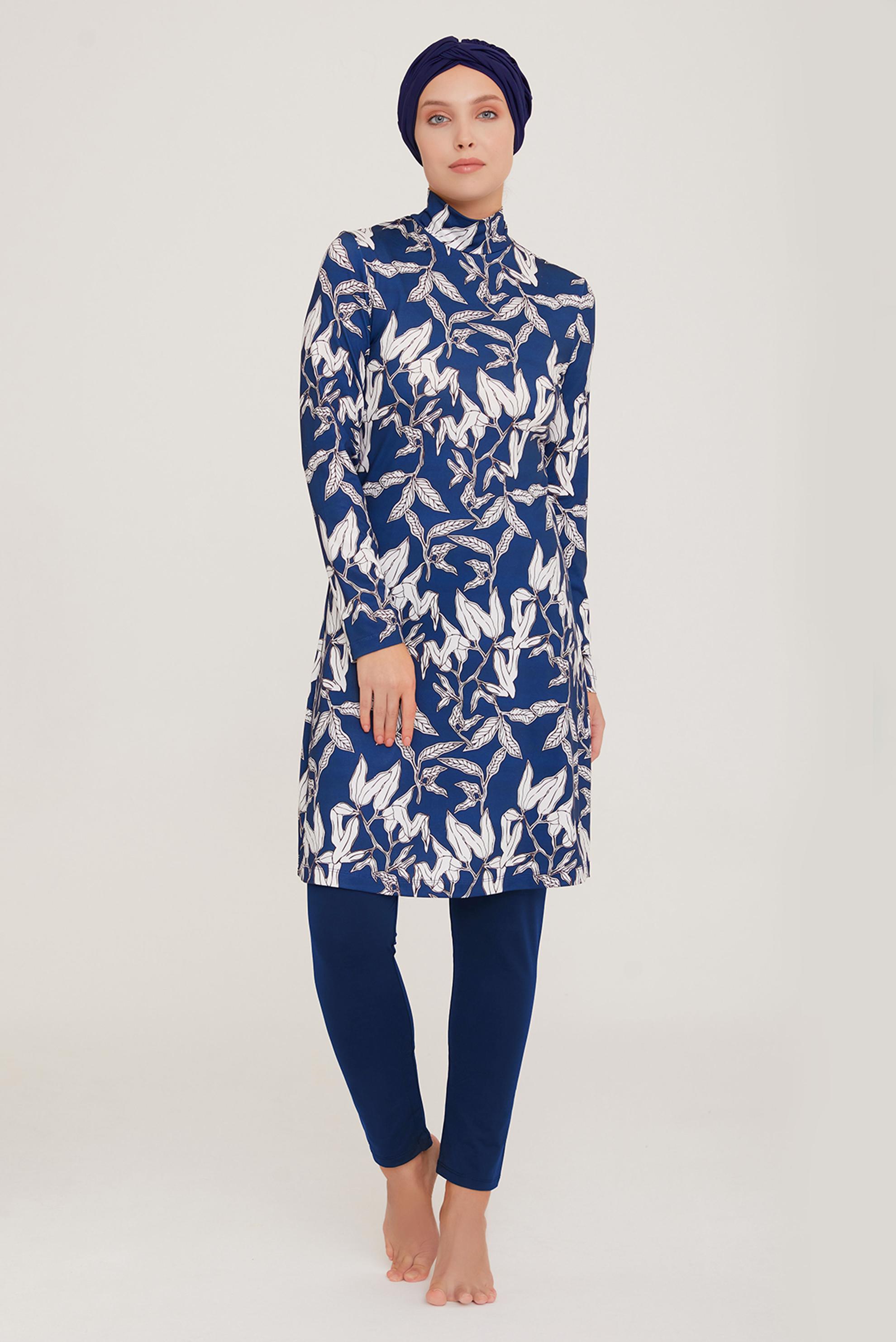 Tesettür giyim LACİVERT YAPRAK DESENLİ LİKRALI TESETTÜR MAYO 8002