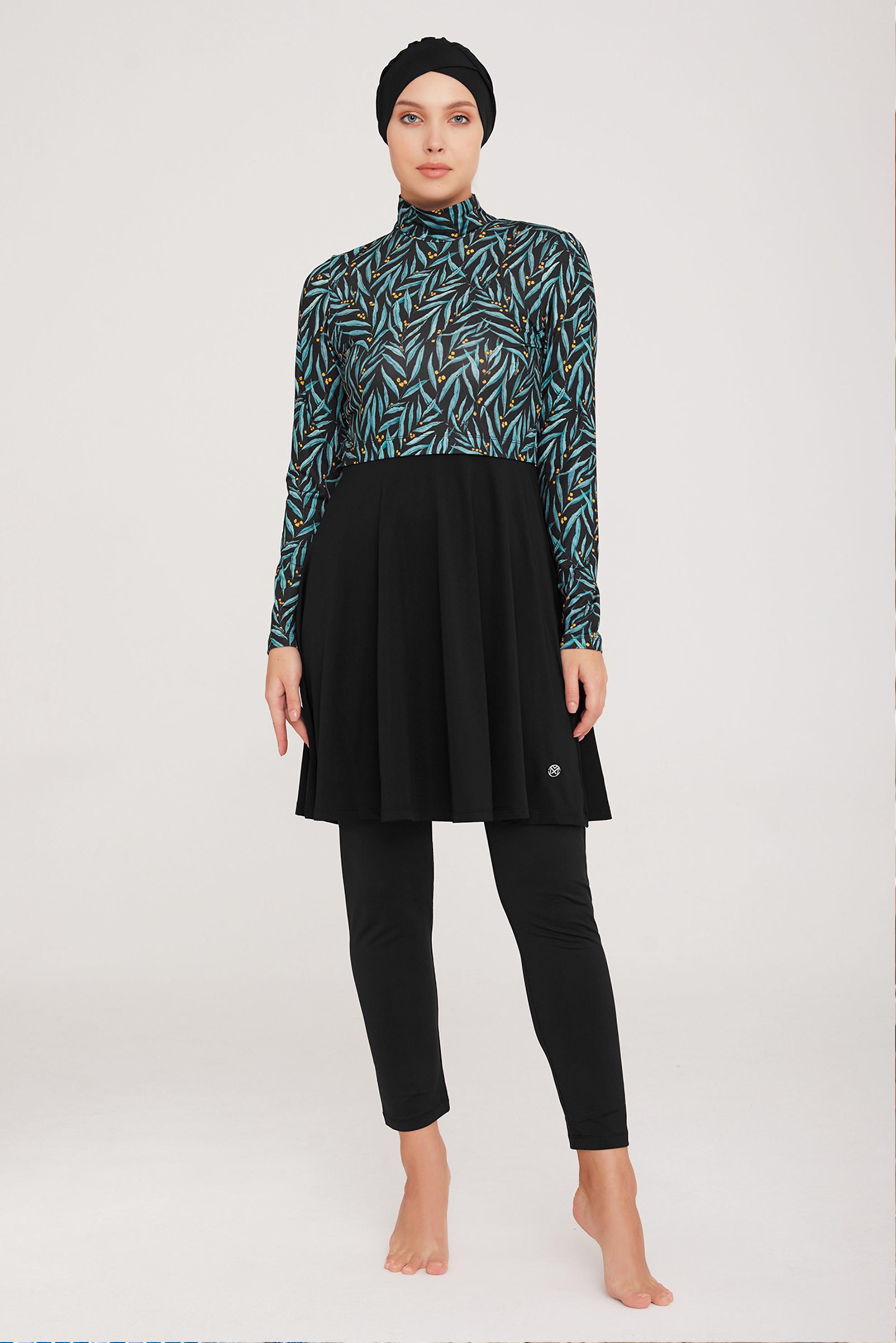 Tesettür giyim SİYAH DESENLİ PİLİSE DETAYLI TESETTÜR MAYO 8016