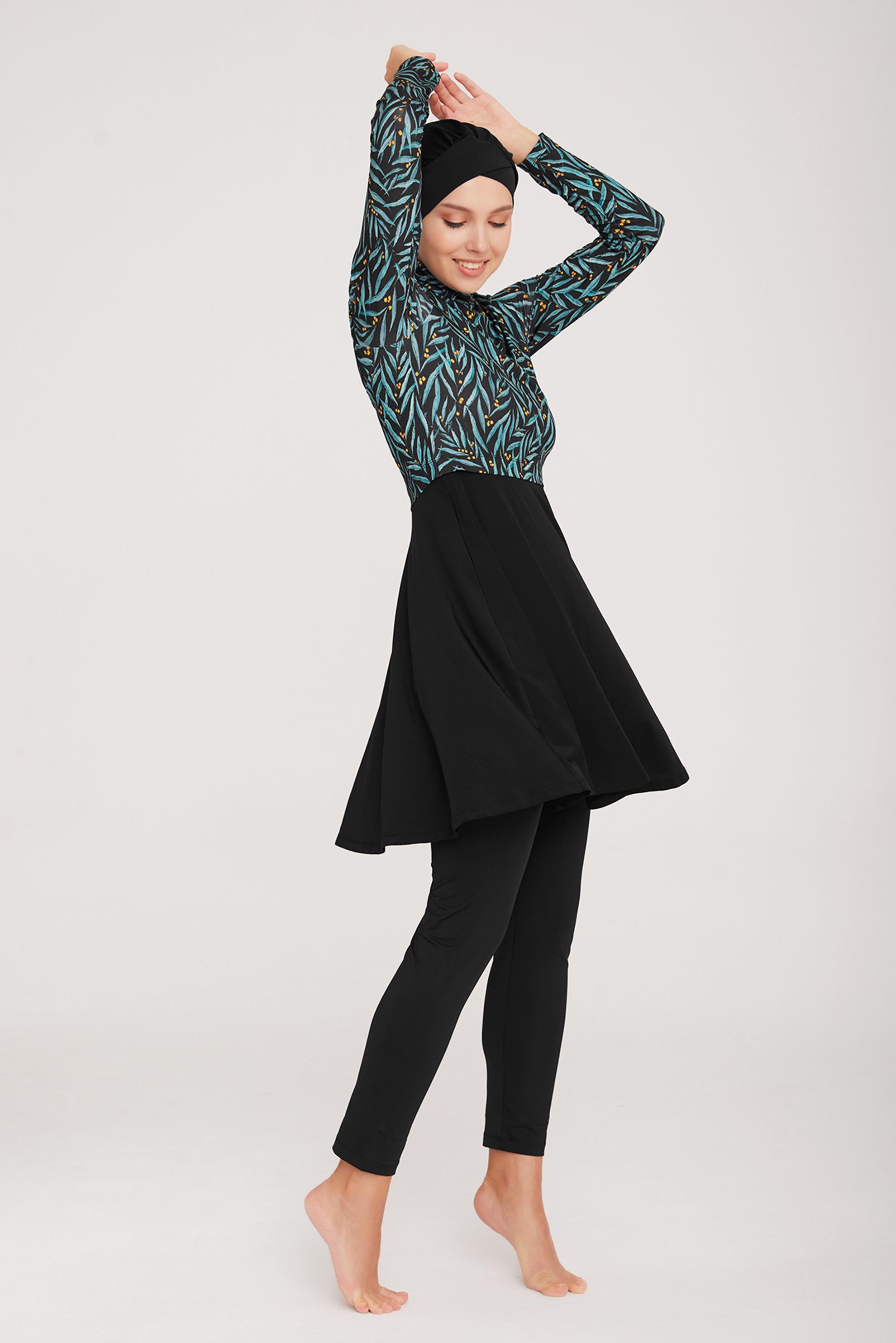 Tesettür giyim SİYAH DESENLİ PİLİSE DETAYLI TESETTÜR MAYO 8016