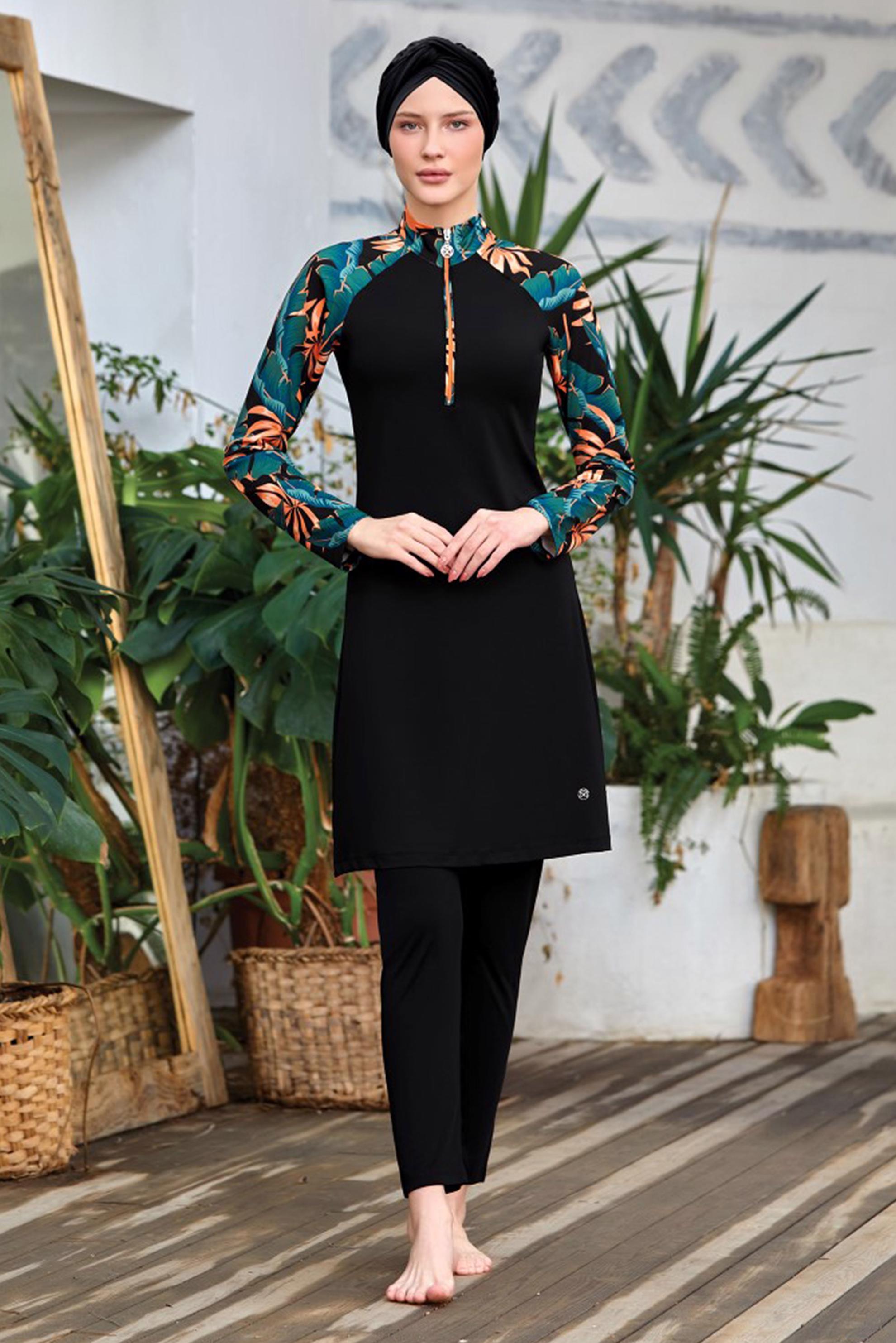 Tesettür giyim SİYAH KOLU DESENLİ YARIM FERMUARLI TESETTÜR MAYO 8020