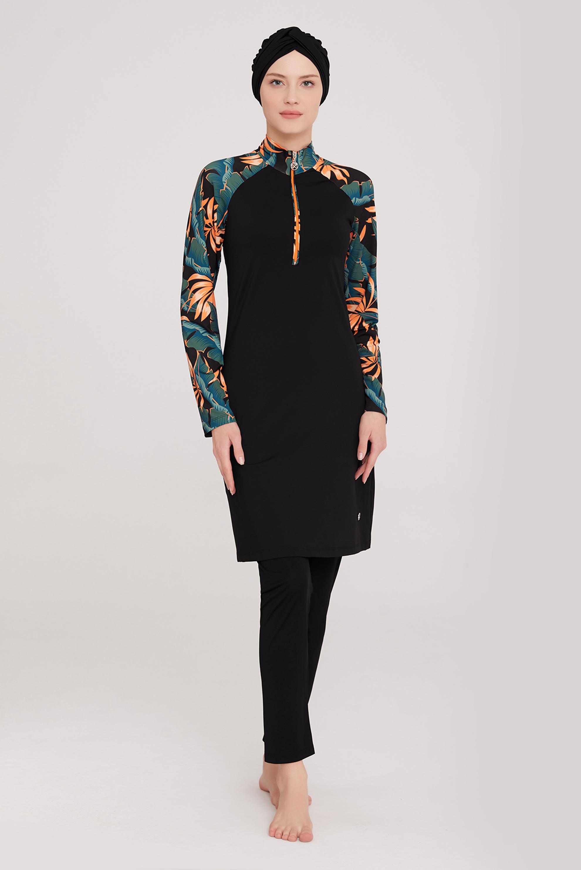 Tesettür giyim SİYAH KOLU DESENLİ YARIM FERMUARLI TESETTÜR MAYO 8020