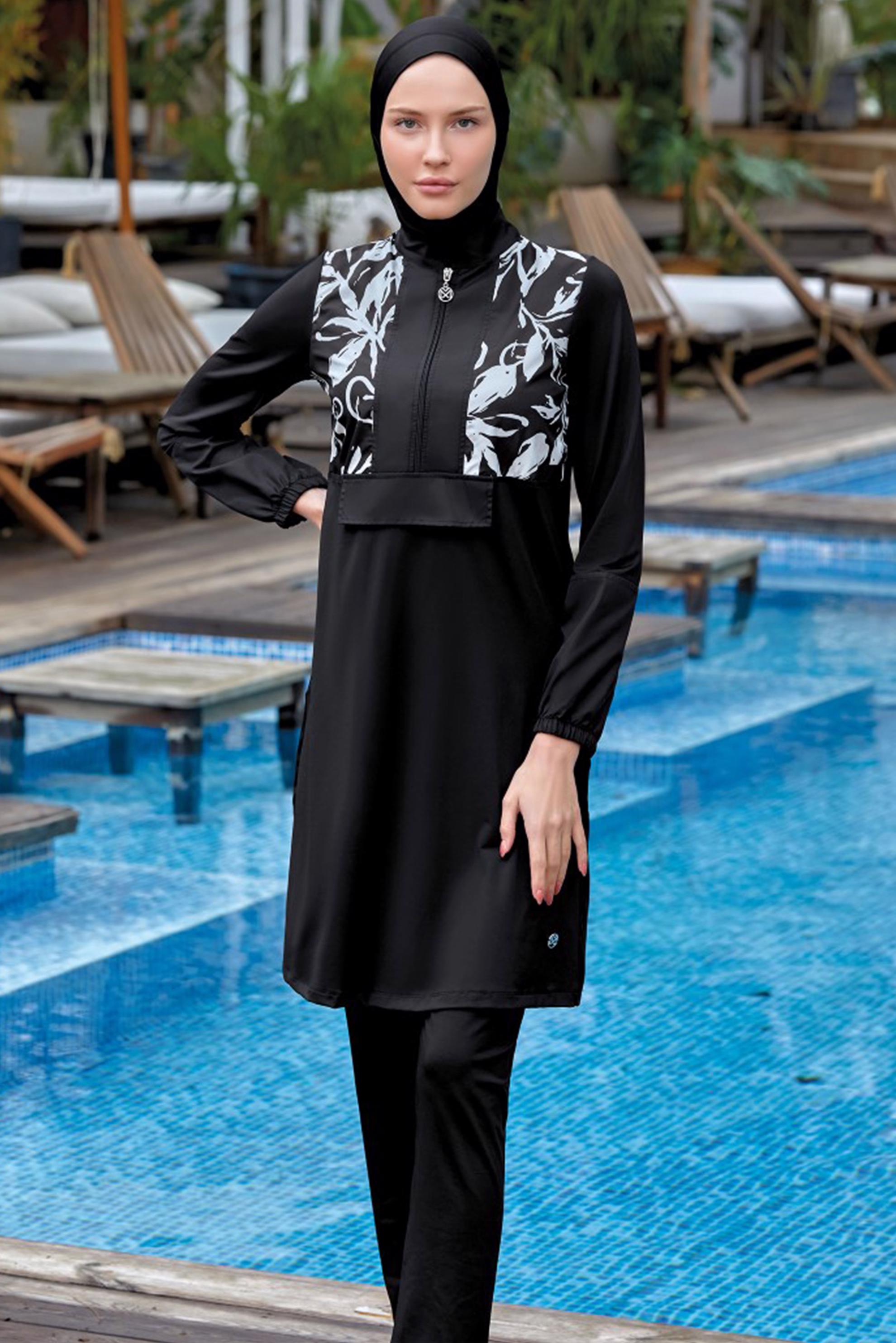 Tesettür giyim SİYAH DESENLİ YARIM FERMUARLI TESETTÜR MAYO 8025