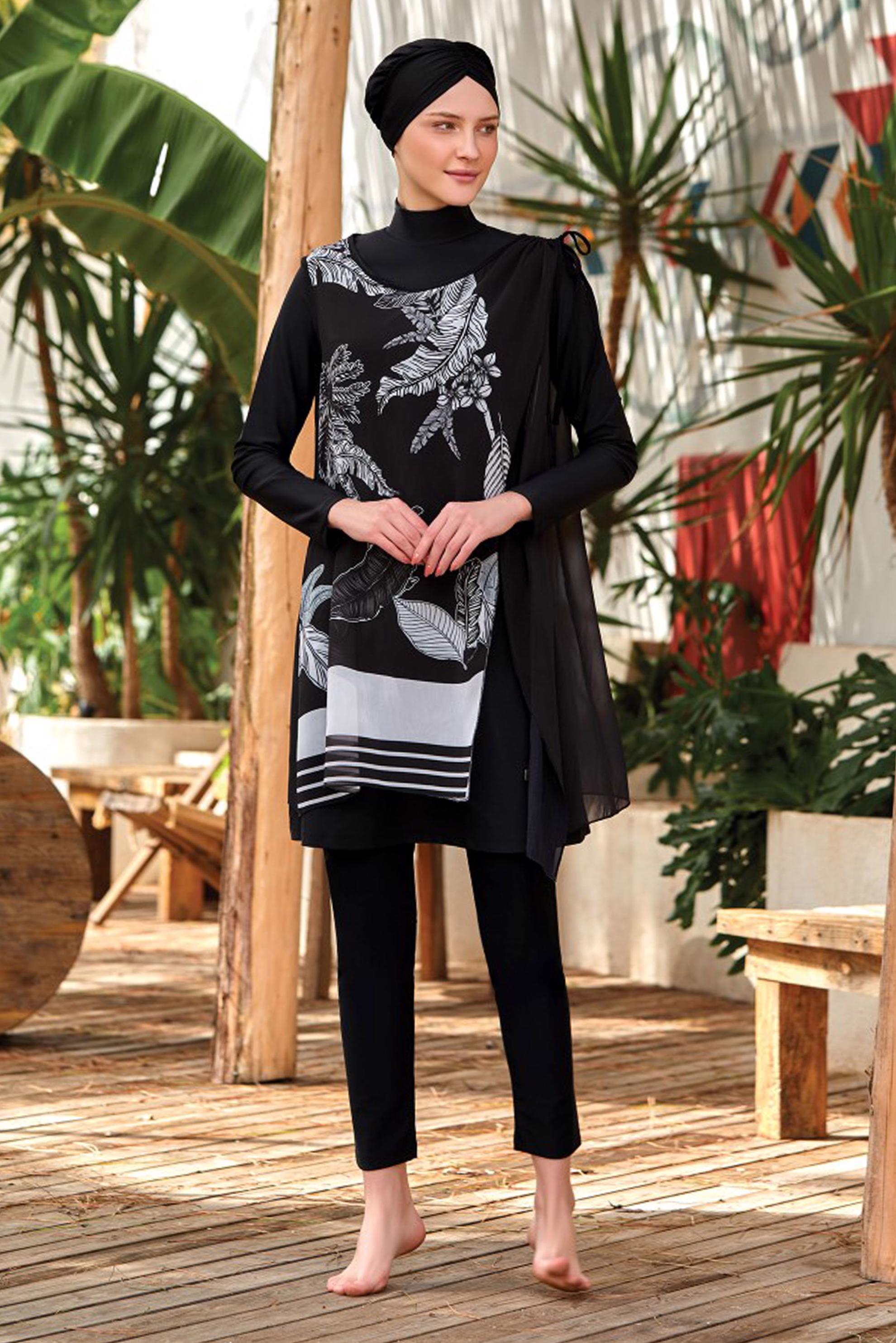 Tesettür giyim SİYAH YAPRAK DESENLİ TESETTÜR MAYO 8038