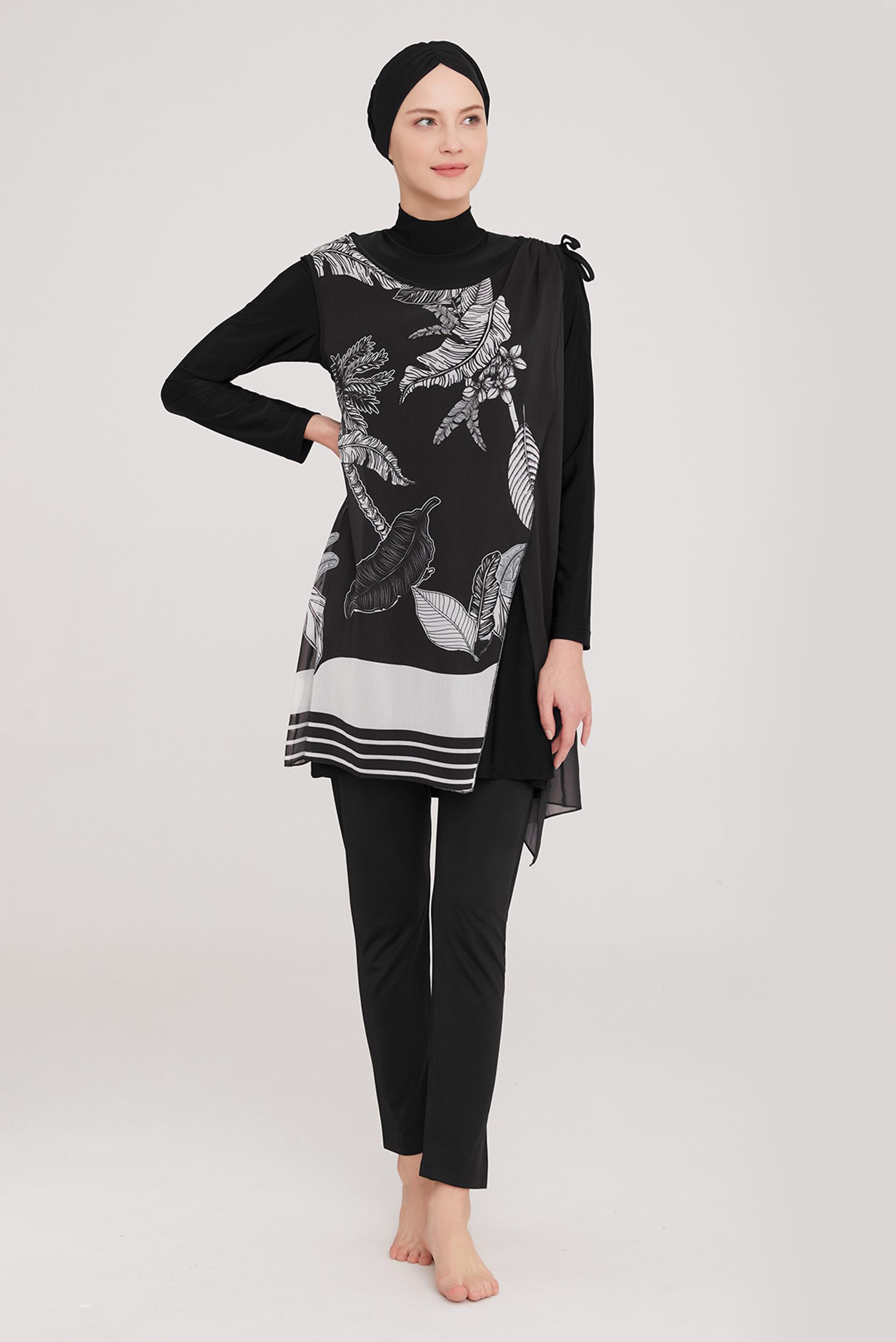 Tesettür giyim SİYAH YAPRAK DESENLİ TESETTÜR MAYO 8038