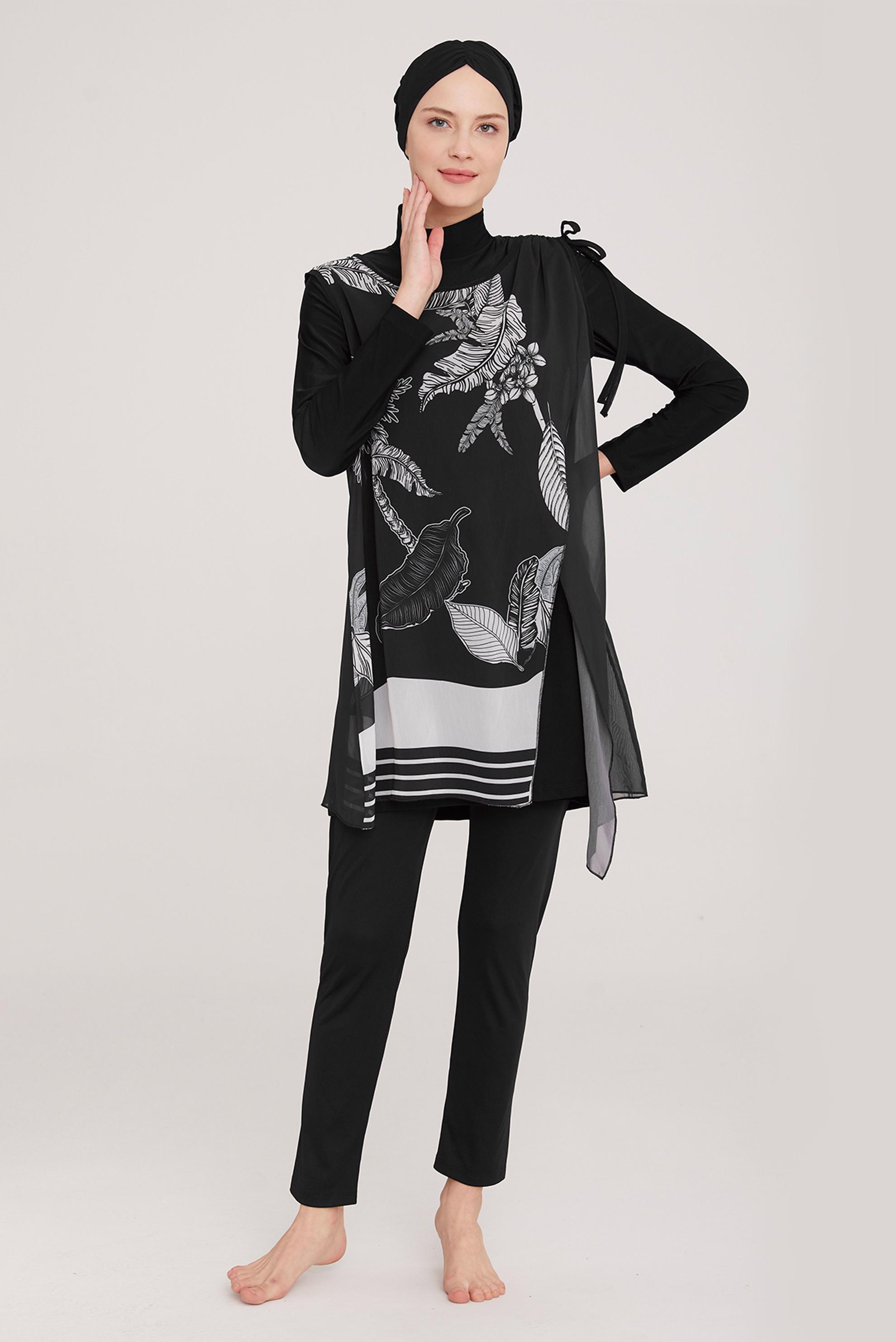 Tesettür giyim SİYAH YAPRAK DESENLİ TESETTÜR MAYO 8038