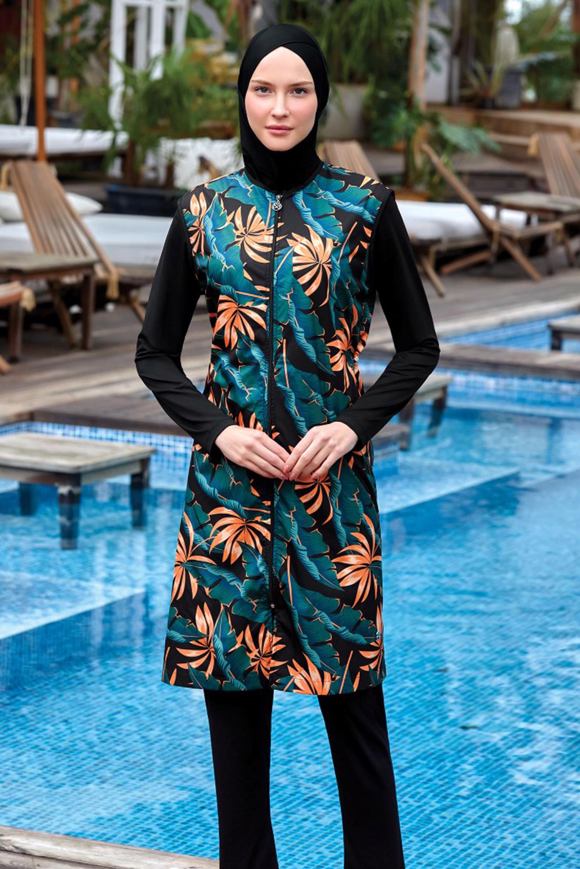 Tesettür giyim SİYAH DESENLİ FERMUARLI TESETTÜR MAYO 8057  