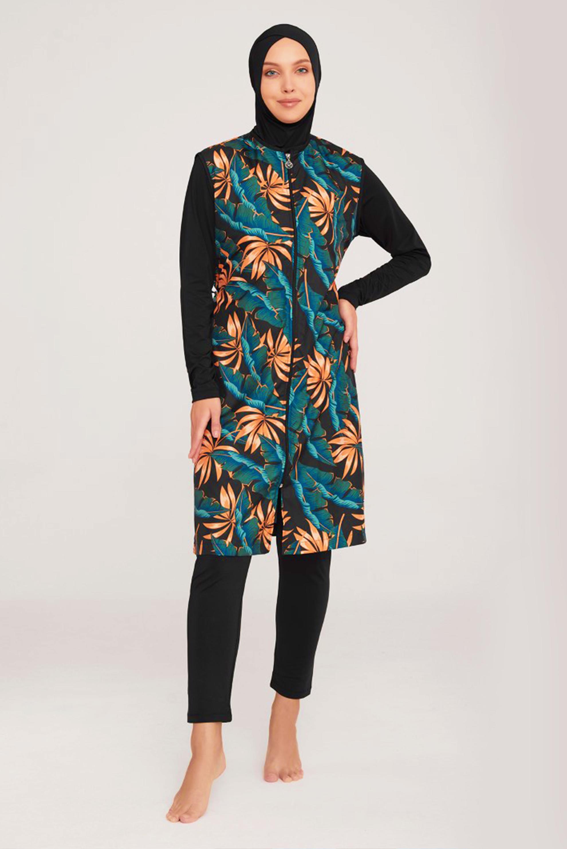 Tesettür giyim SİYAH DESENLİ FERMUARLI TESETTÜR MAYO 8057  