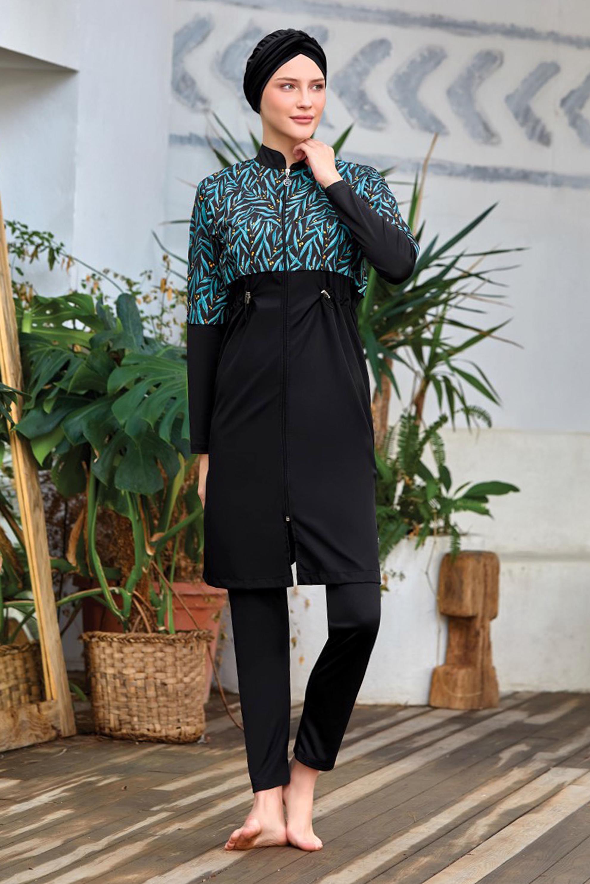 Tesettür giyim SİYAH DESENLİ BELİ BÜZGÜLÜ TESETTÜR MAYO 8065