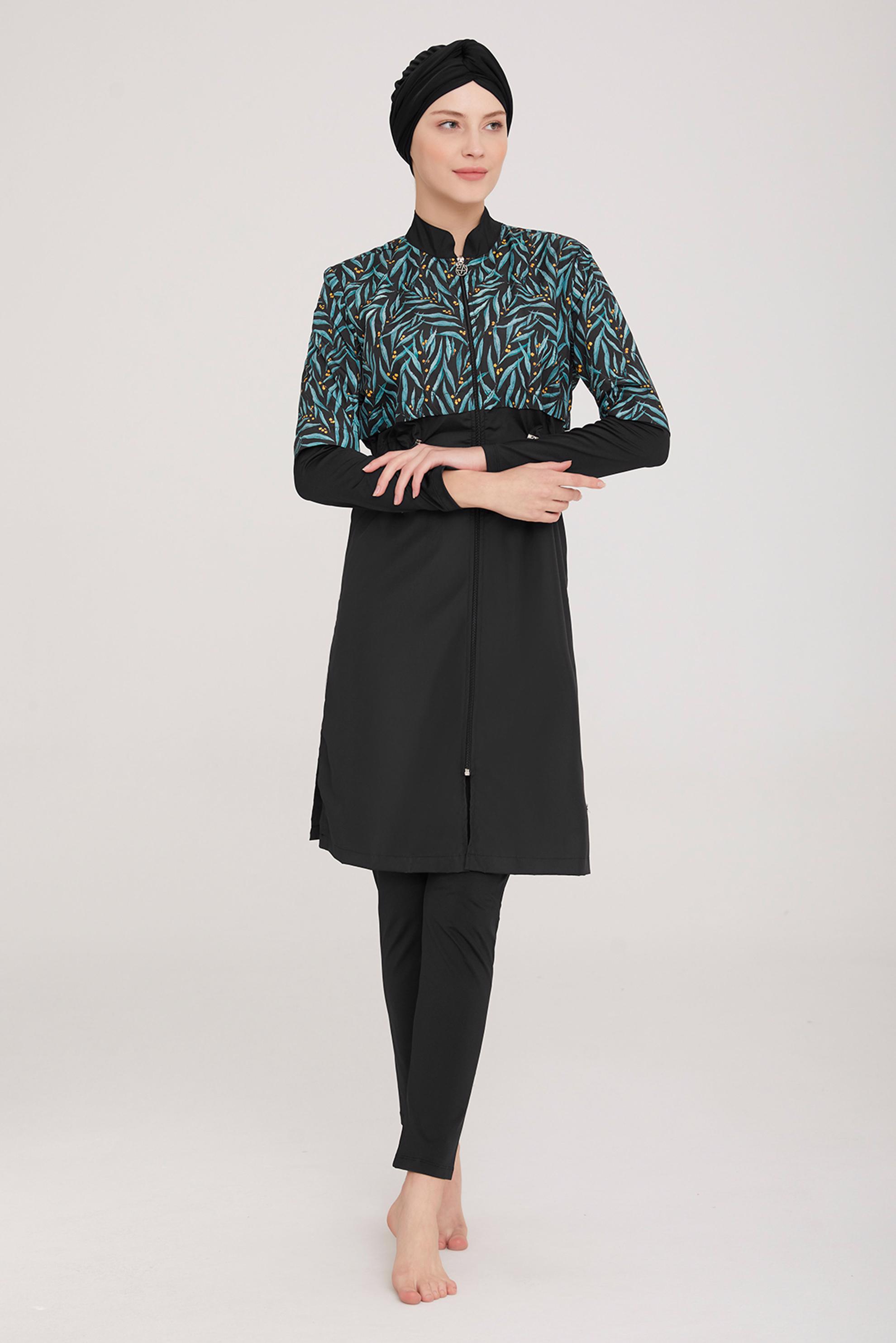 Tesettür giyim SİYAH DESENLİ BELİ BÜZGÜLÜ TESETTÜR MAYO 8065