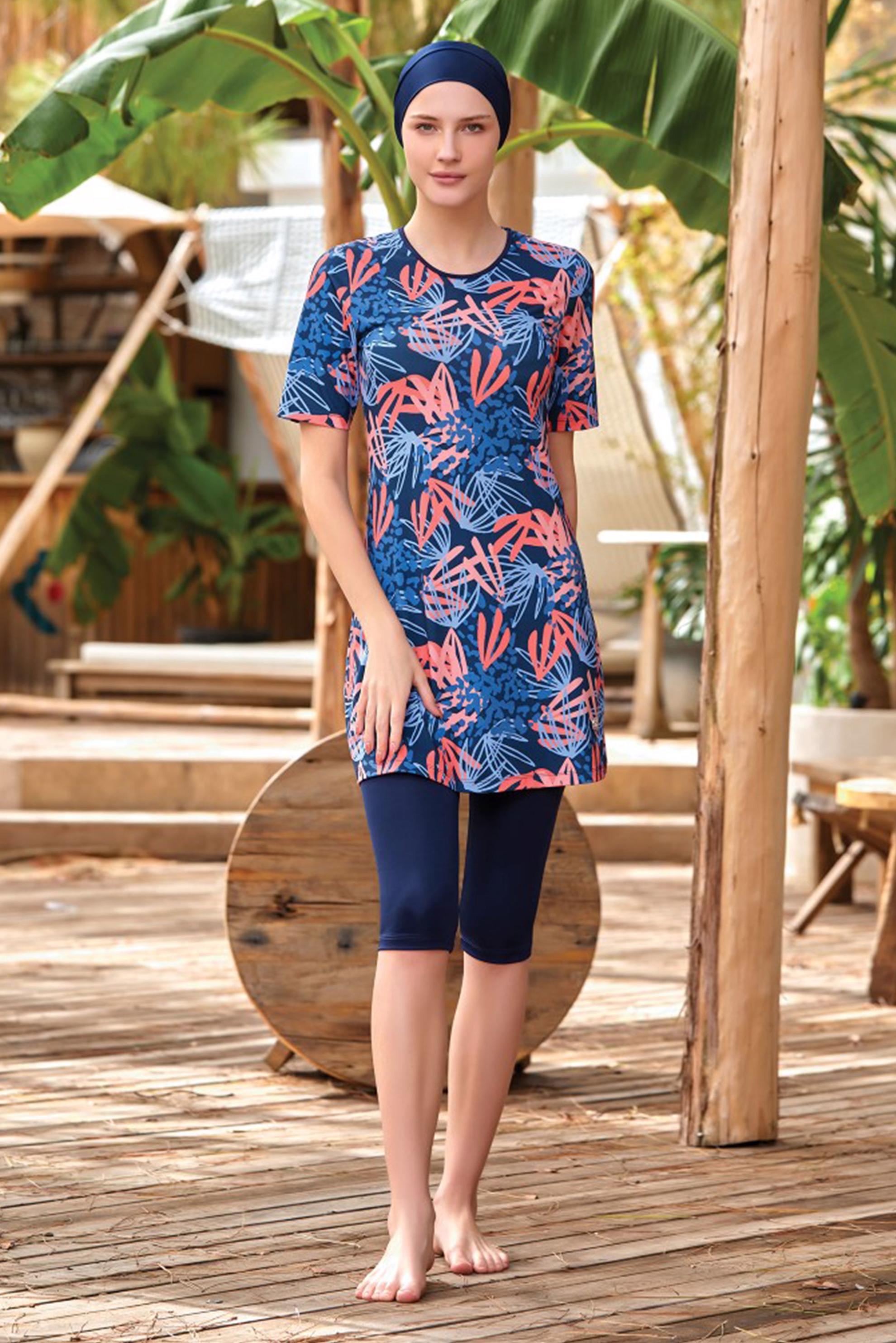 Tesettür giyim LACİVERT PALMİYE DESENLİ KISA KOL TESETTÜR MAYO 8083