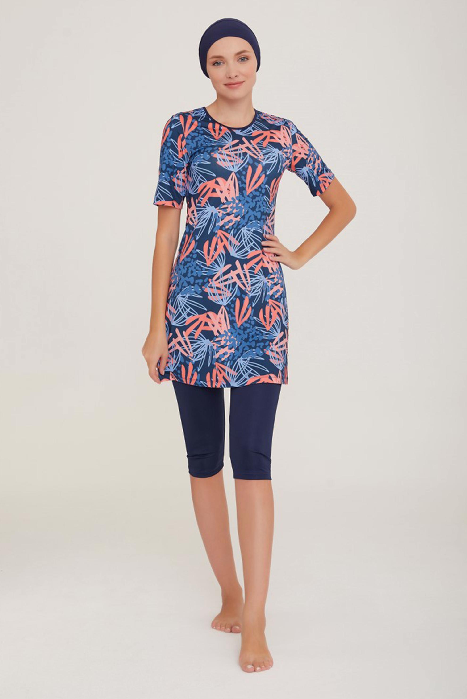 Tesettür giyim LACİVERT PALMİYE DESENLİ KISA KOL TESETTÜR MAYO 8083