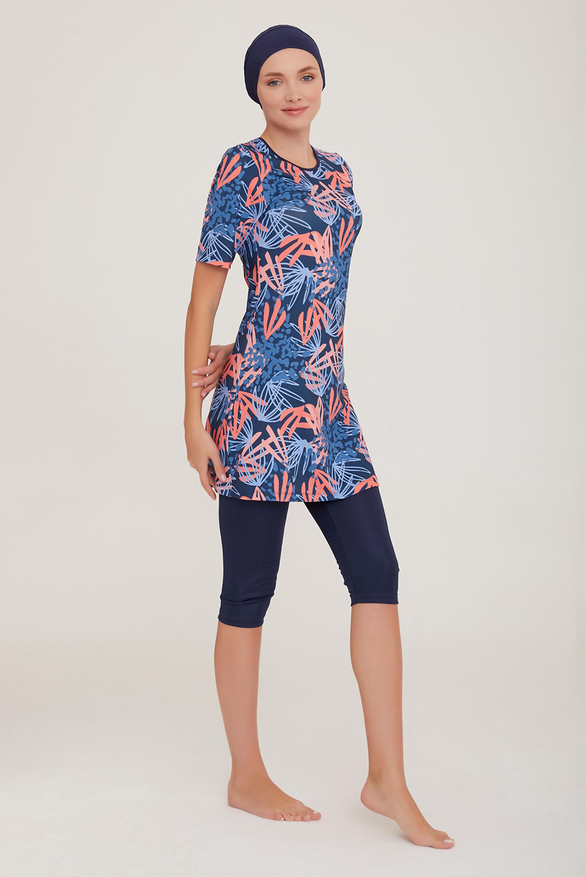 Tesettür giyim LACİVERT PALMİYE DESENLİ KISA KOL TESETTÜR MAYO 8083