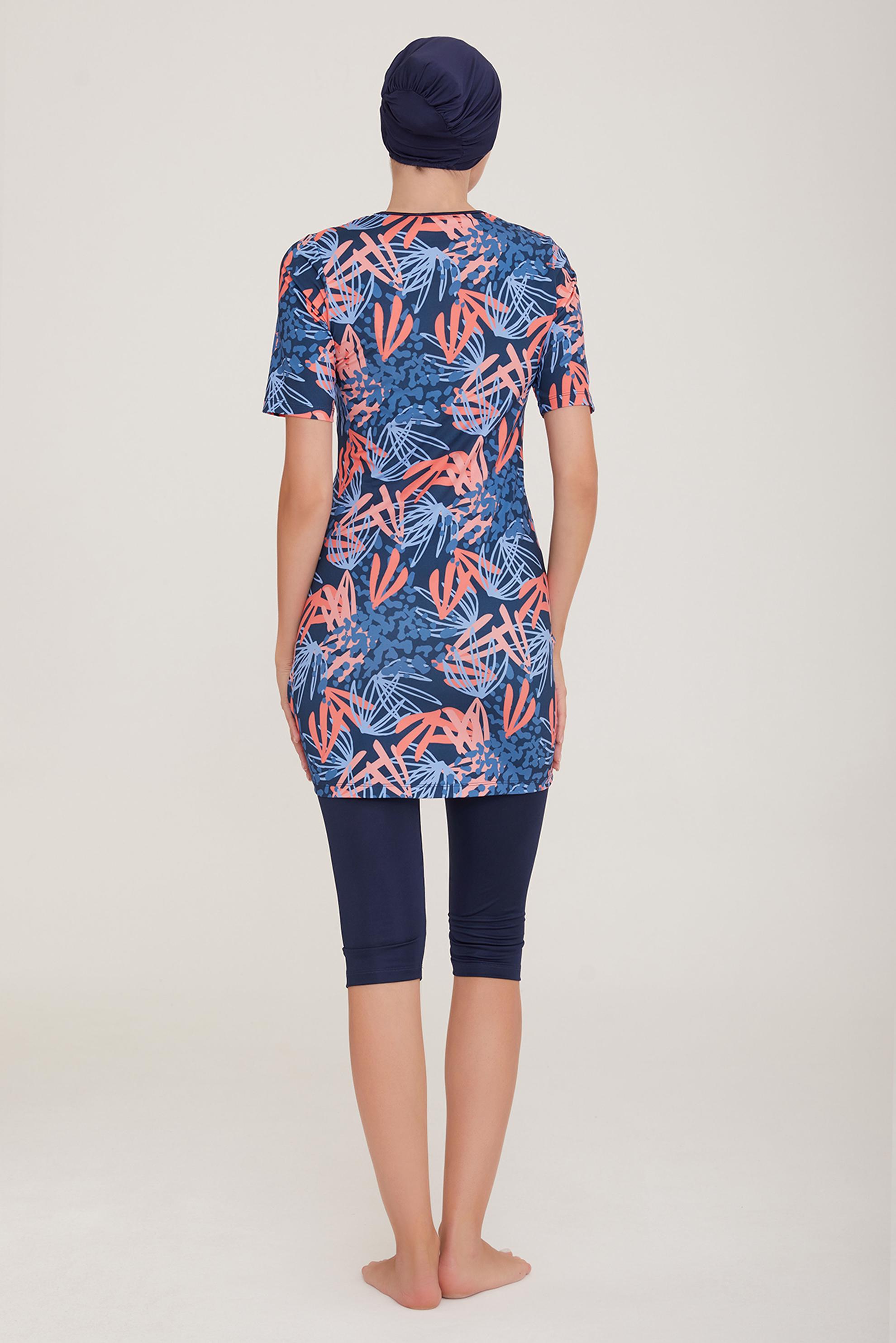 Tesettür giyim LACİVERT PALMİYE DESENLİ KISA KOL TESETTÜR MAYO 8083