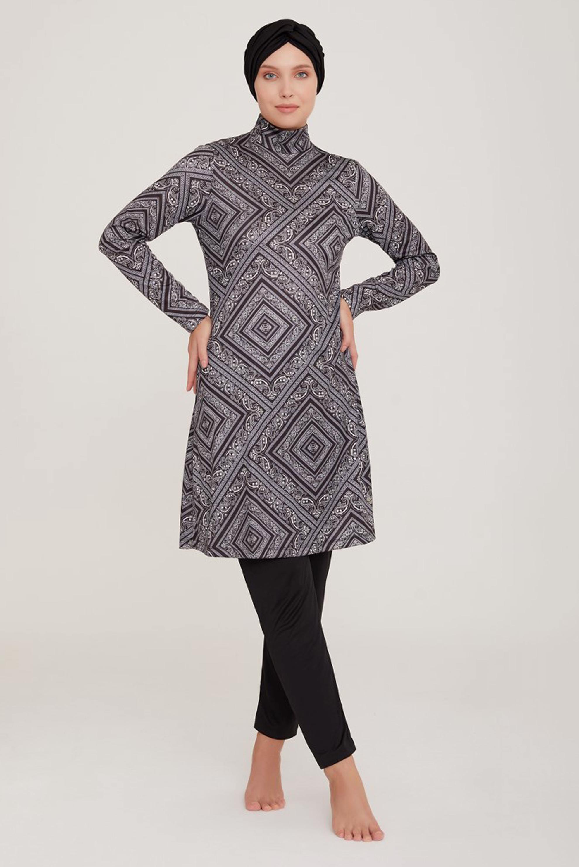 Tesettür giyim SİYAH ETNİK DESENLİ LİKRALI TESETTÜR MAYO TAKIM 9007