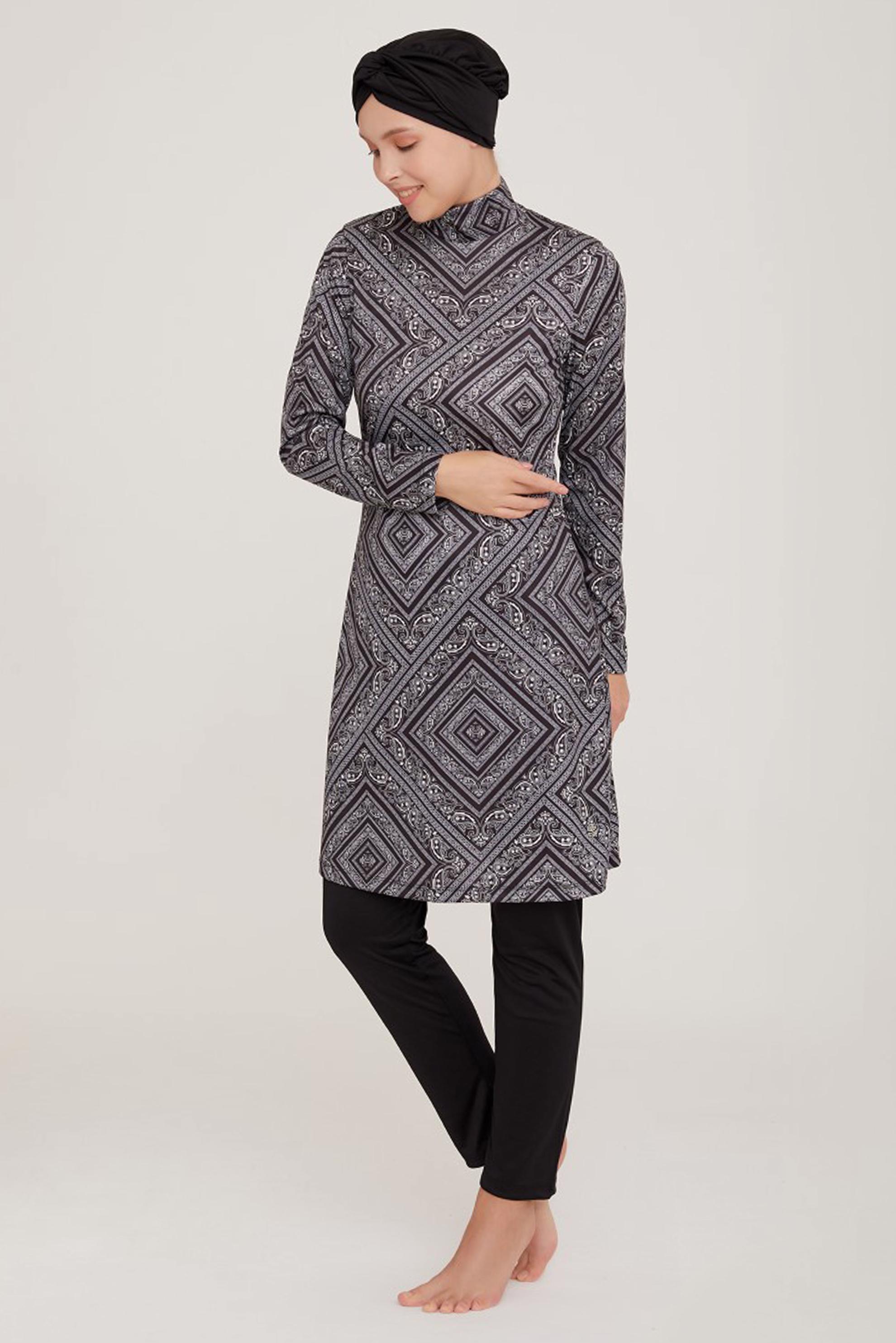 Tesettür giyim SİYAH ETNİK DESENLİ LİKRALI TESETTÜR MAYO TAKIM 9007
