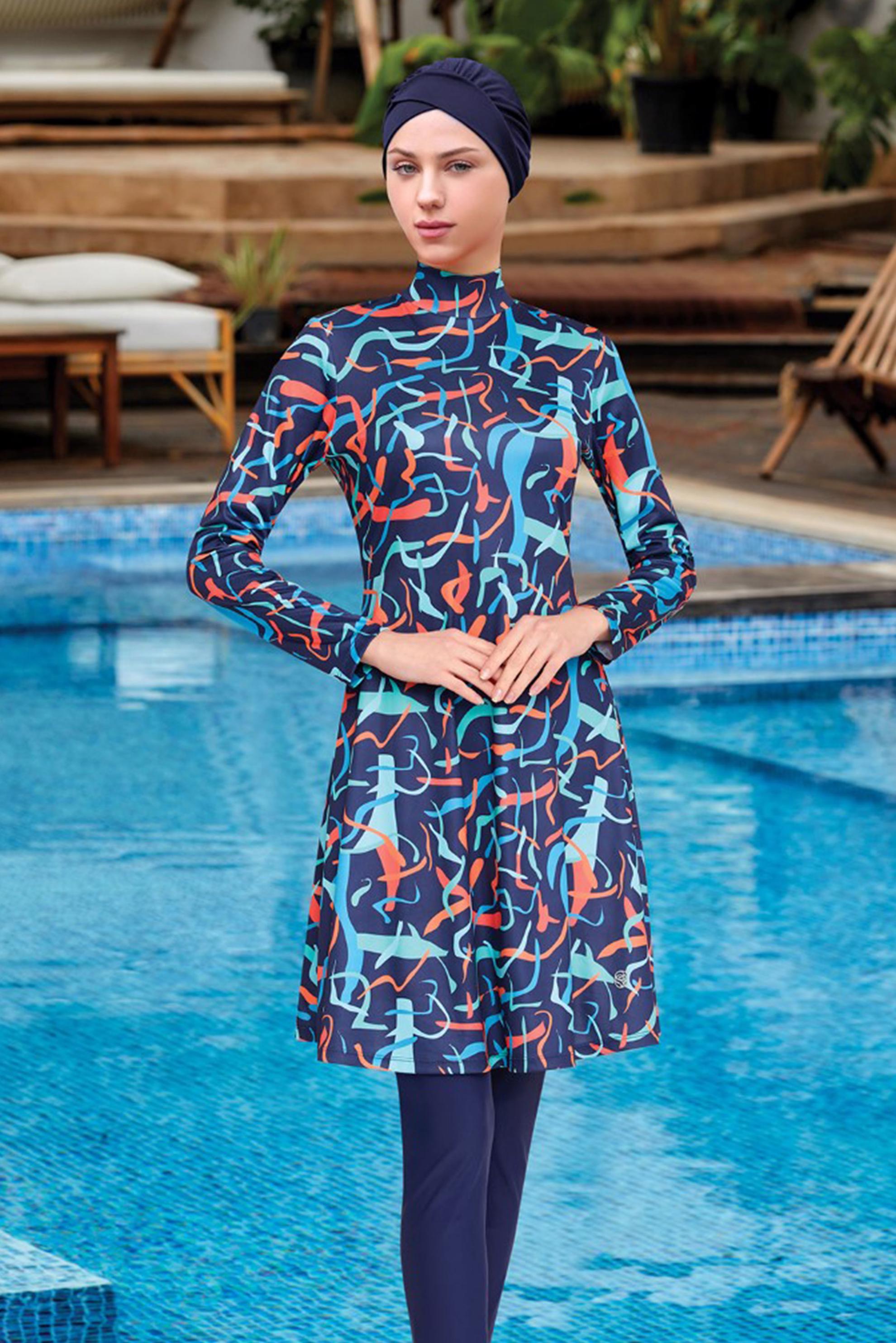 Tesettür giyim LACİVERT DESENLİ LİKRALI TESETTÜR MAYO 9009