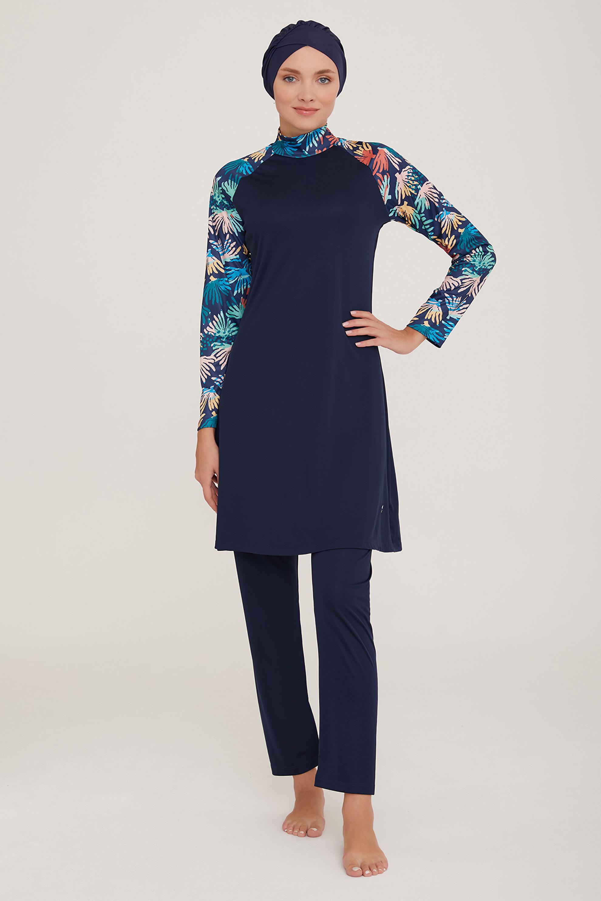 Tesettür giyim LACİVERT KOLU DESENLİ LİKRALI TESETTÜR MAYO TAKIM 9013