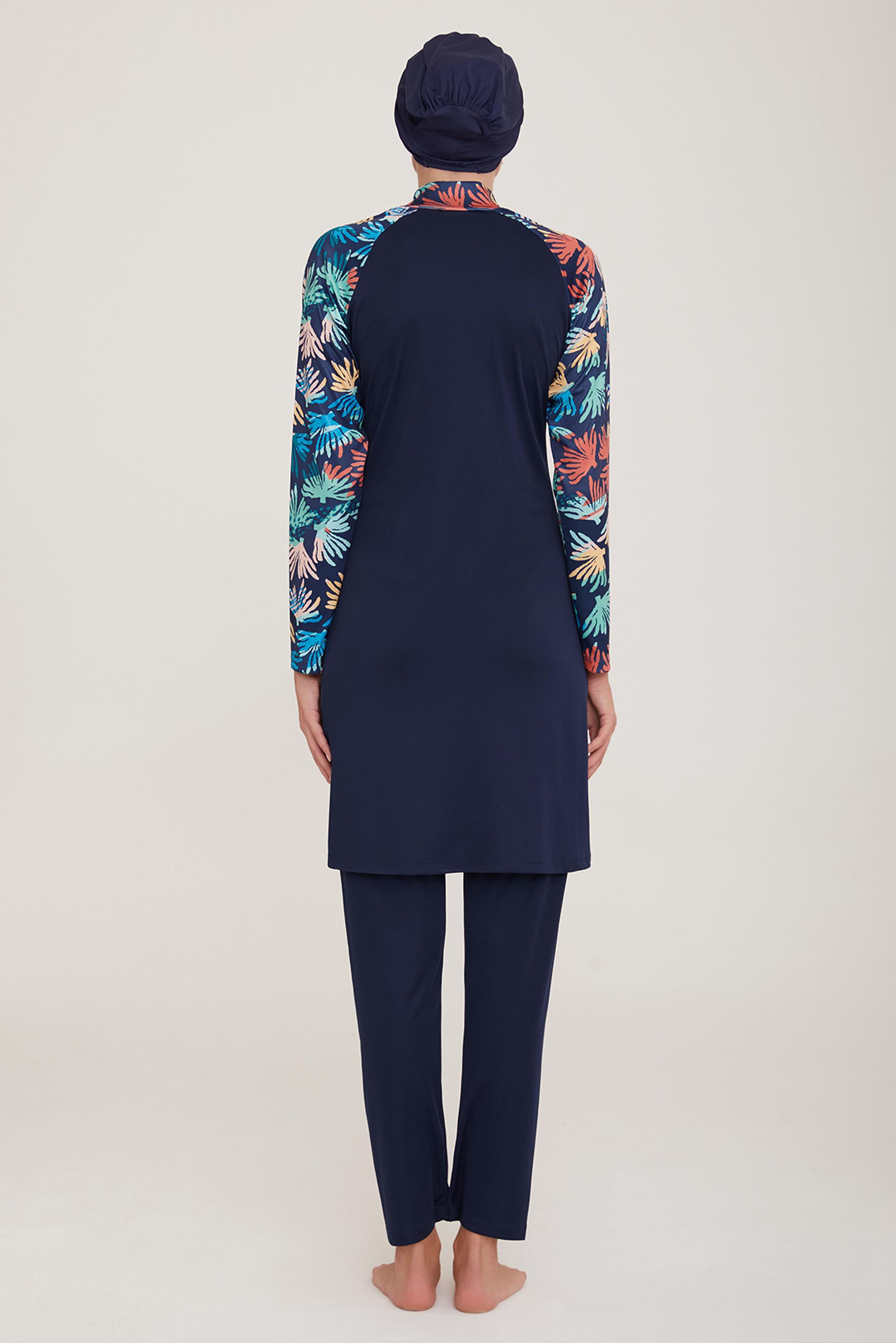 Tesettür giyim LACİVERT KOLU DESENLİ LİKRALI TESETTÜR MAYO TAKIM 9013