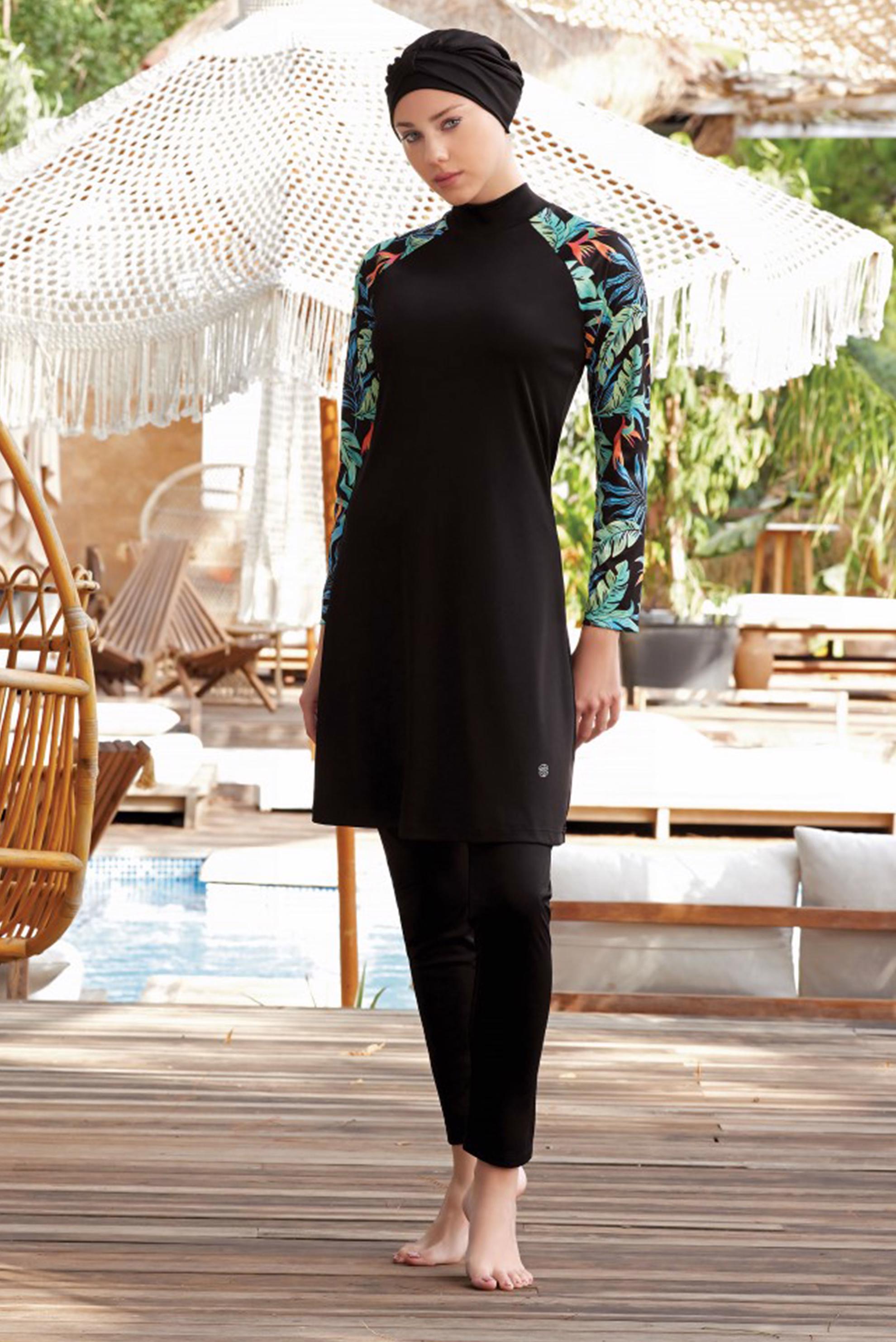 Tesettür giyim SİYAH DESENLİ LİKRALI TESETTÜR MAYO TAKIM 9015 