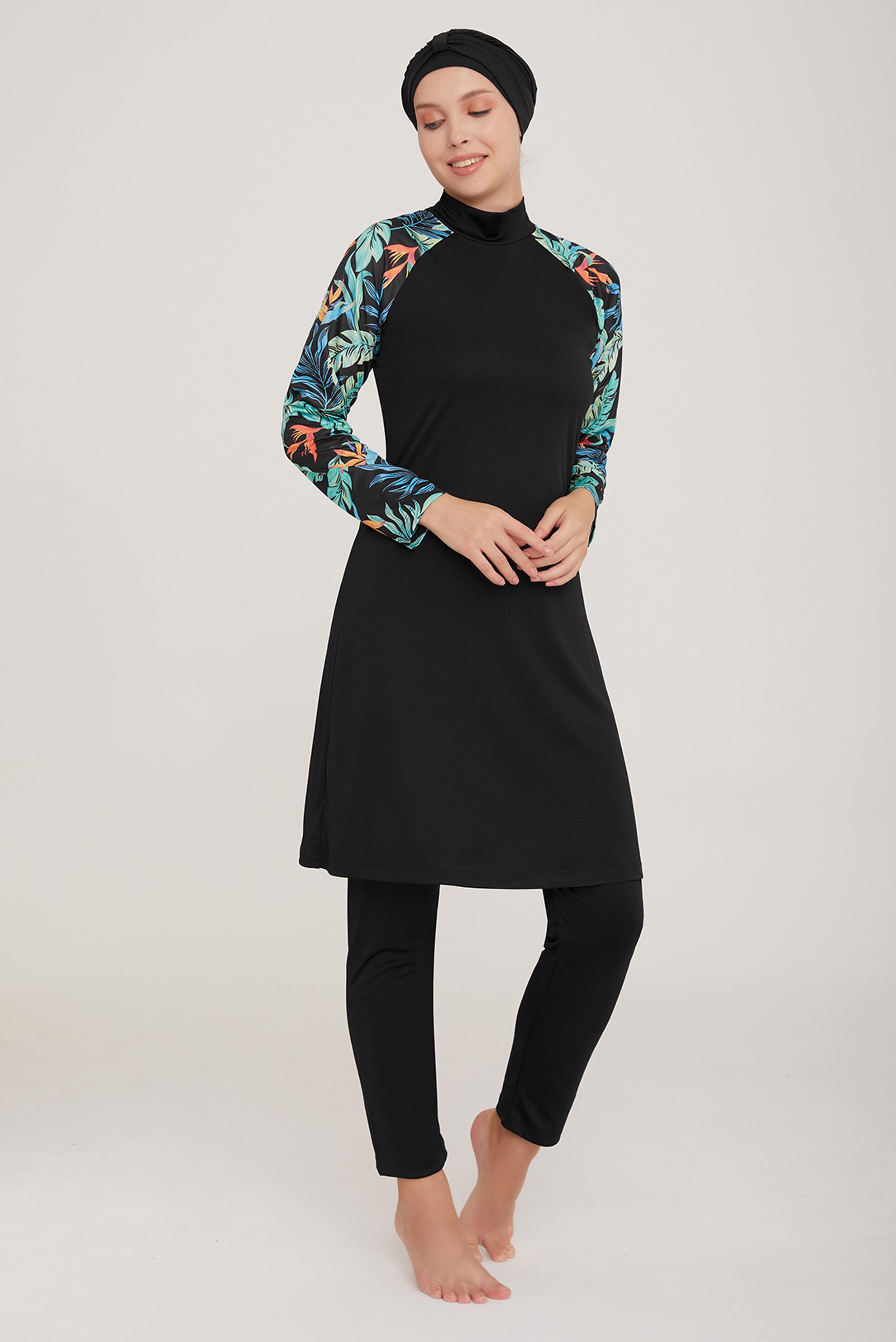 Tesettür giyim SİYAH DESENLİ LİKRALI TESETTÜR MAYO TAKIM 9015 