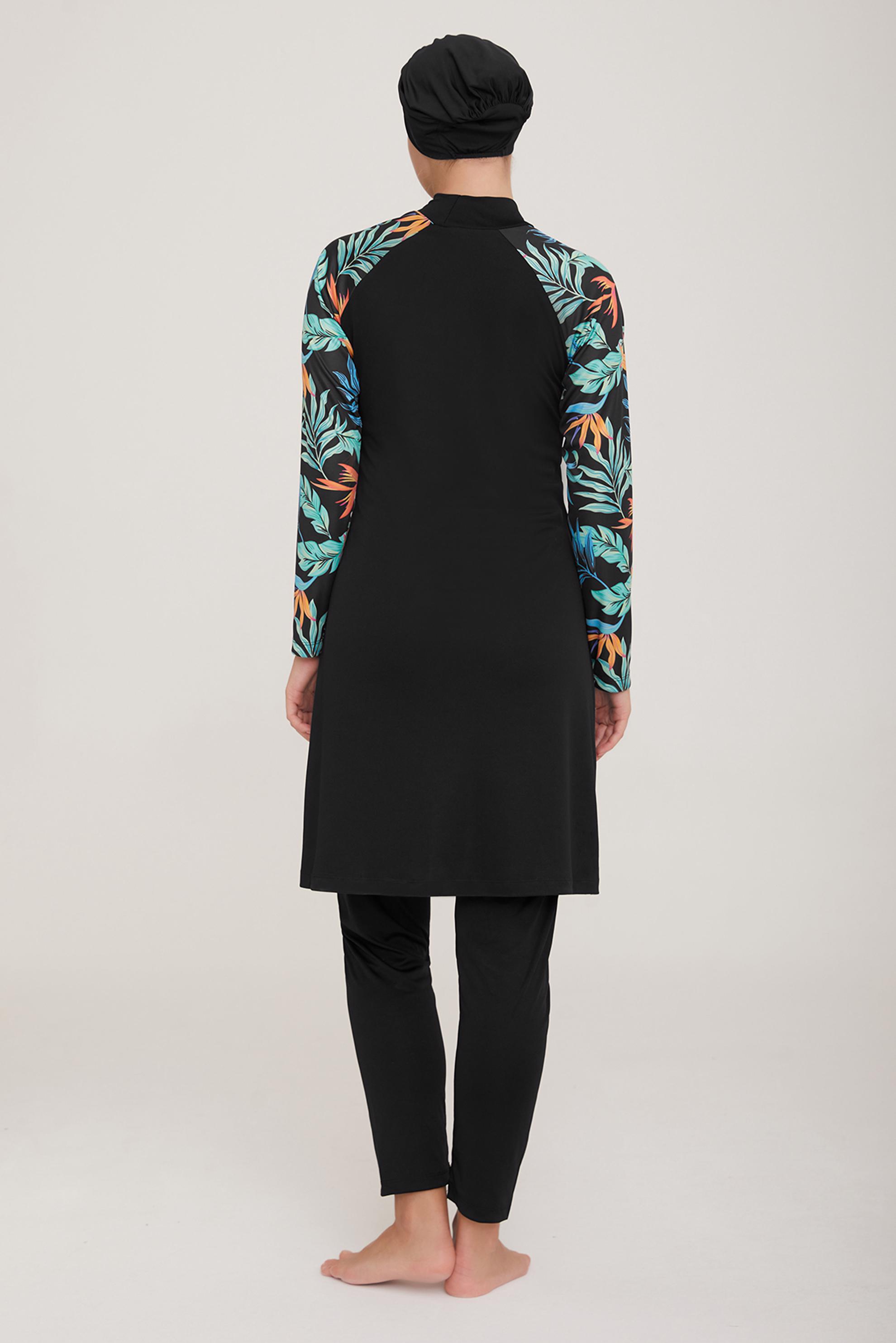 Tesettür giyim SİYAH DESENLİ LİKRALI TESETTÜR MAYO TAKIM 9015 