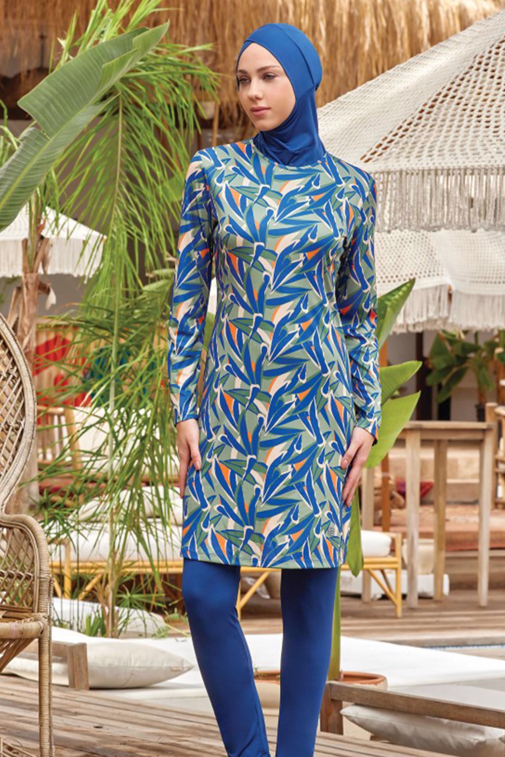 Tesettür giyim LACİVERT DESENLİ TESETTÜR MAYO TAKIM 9029