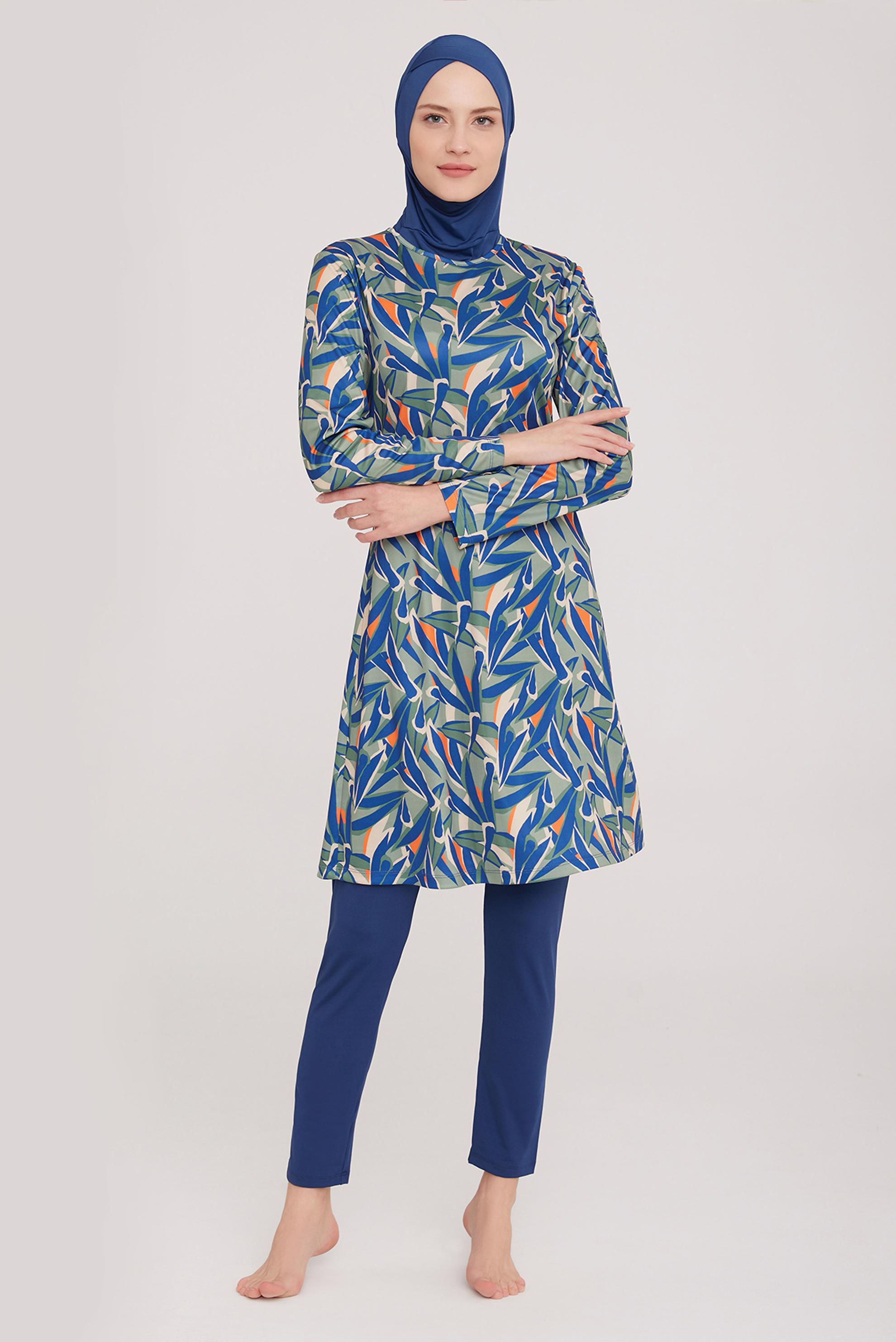 Tesettür giyim LACİVERT DESENLİ TESETTÜR MAYO TAKIM 9029