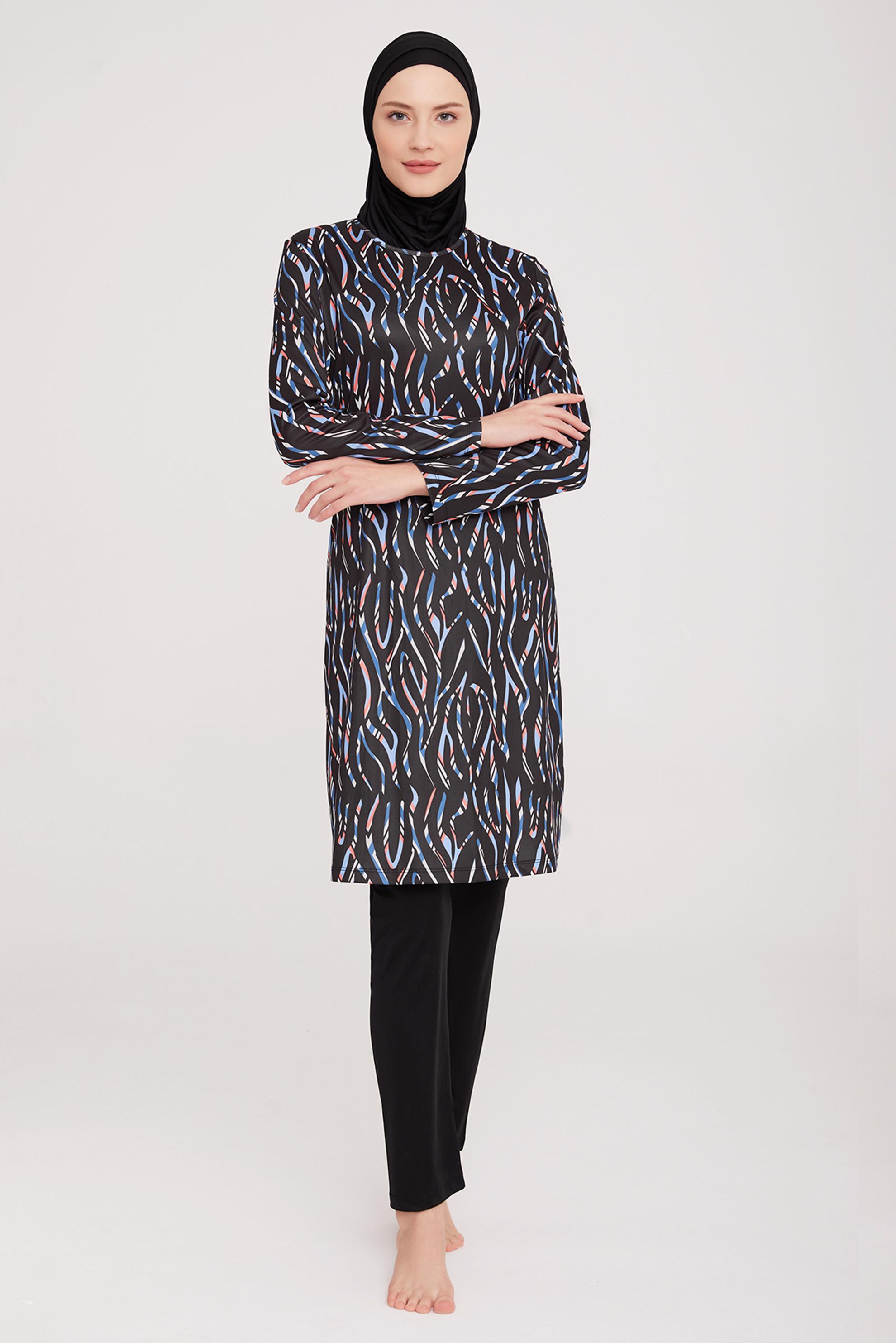 Tesettür giyim SİYAH DESENLİ LİKRALI TESETTÜR MAYO TAKIM 9032