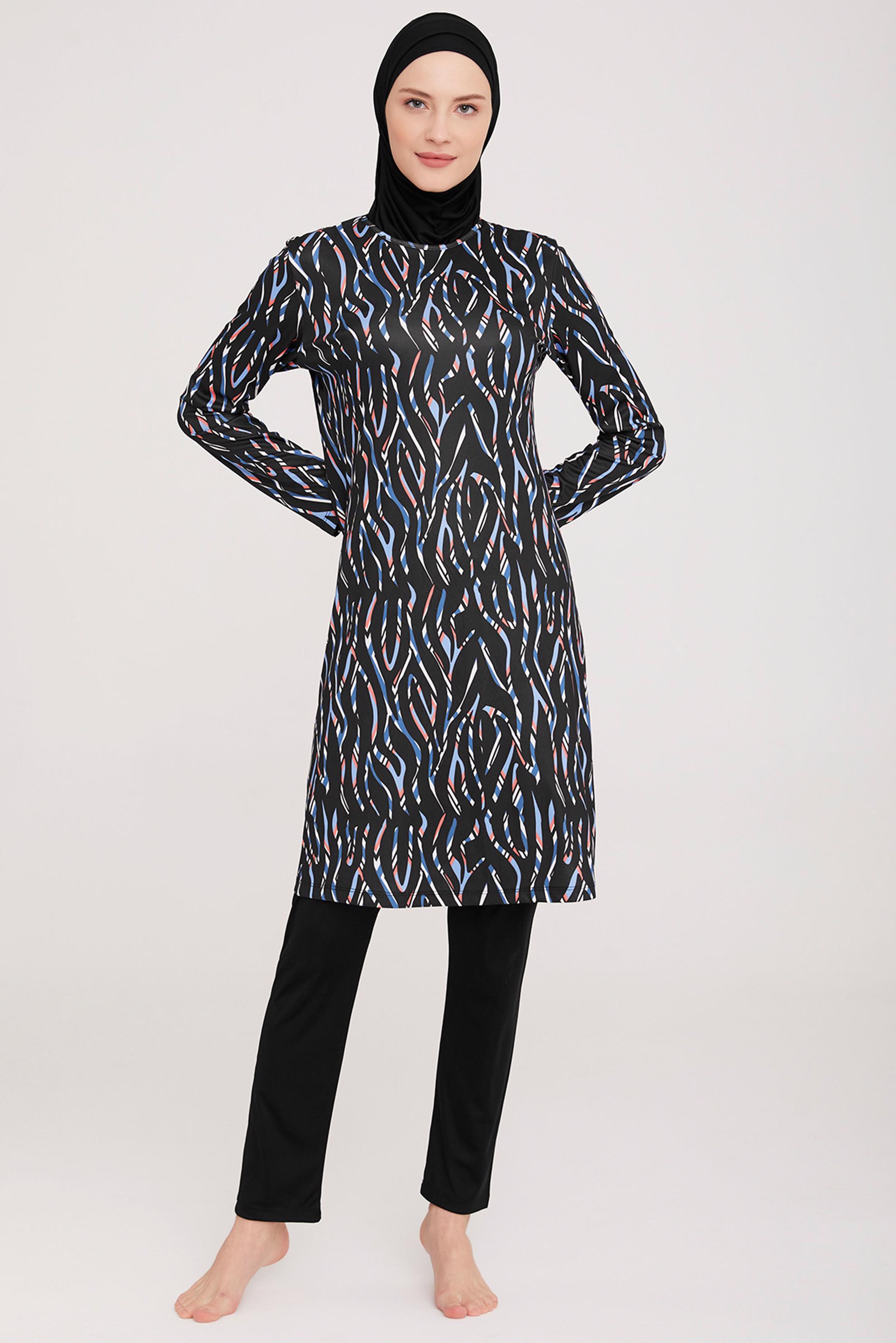 Tesettür giyim SİYAH DESENLİ LİKRALI TESETTÜR MAYO TAKIM 9032